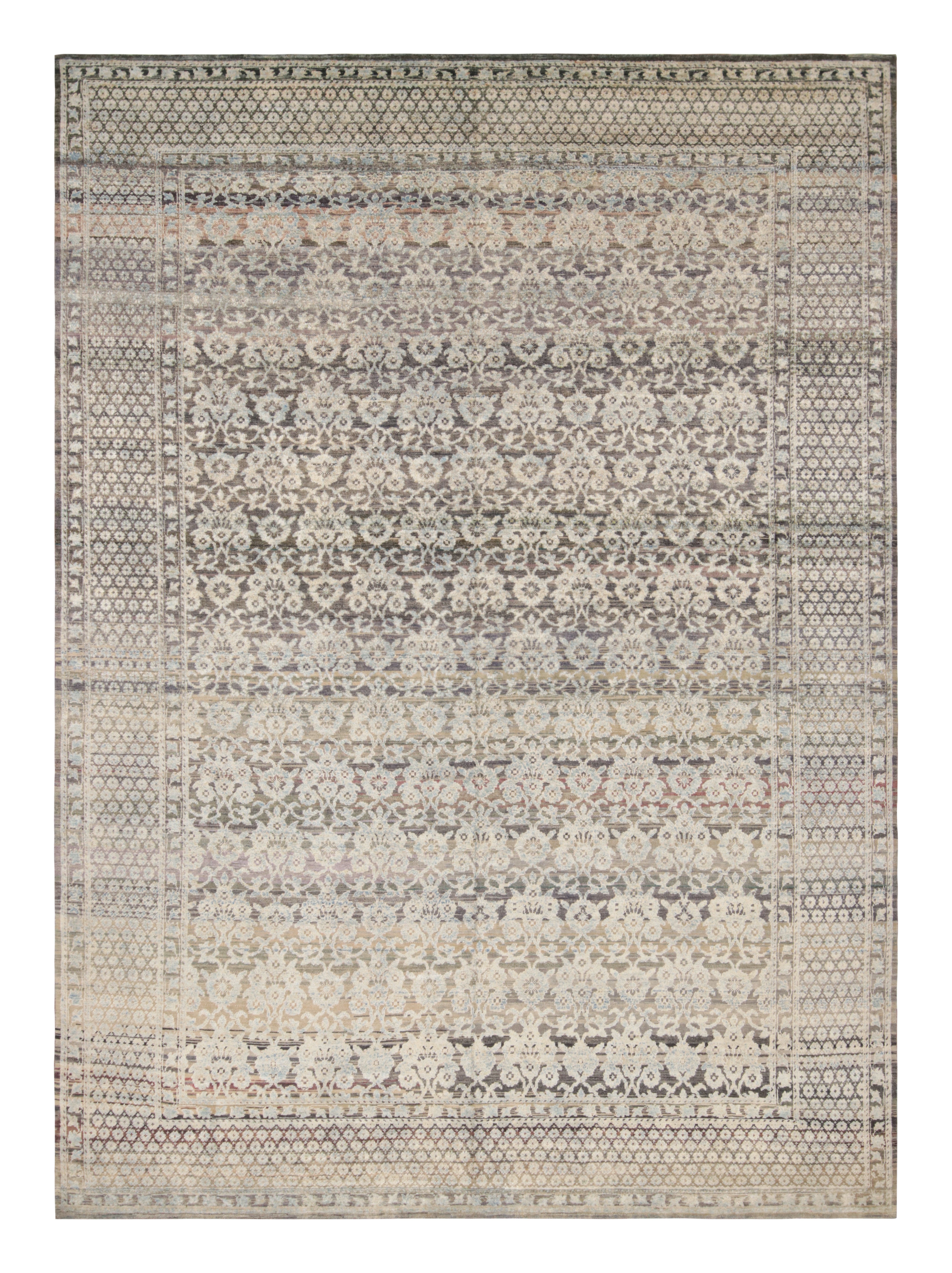 Rug & Kilim’s Hand Knotted Floral Rug in Blue, Beige Grey Pattern