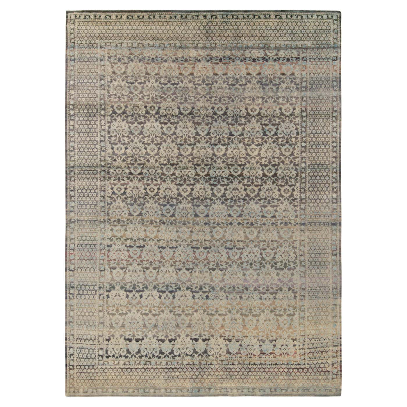 Rug and Kilim’s Hand-Knotted Floral Rug in Blue, Beige Grey Pattern For ...