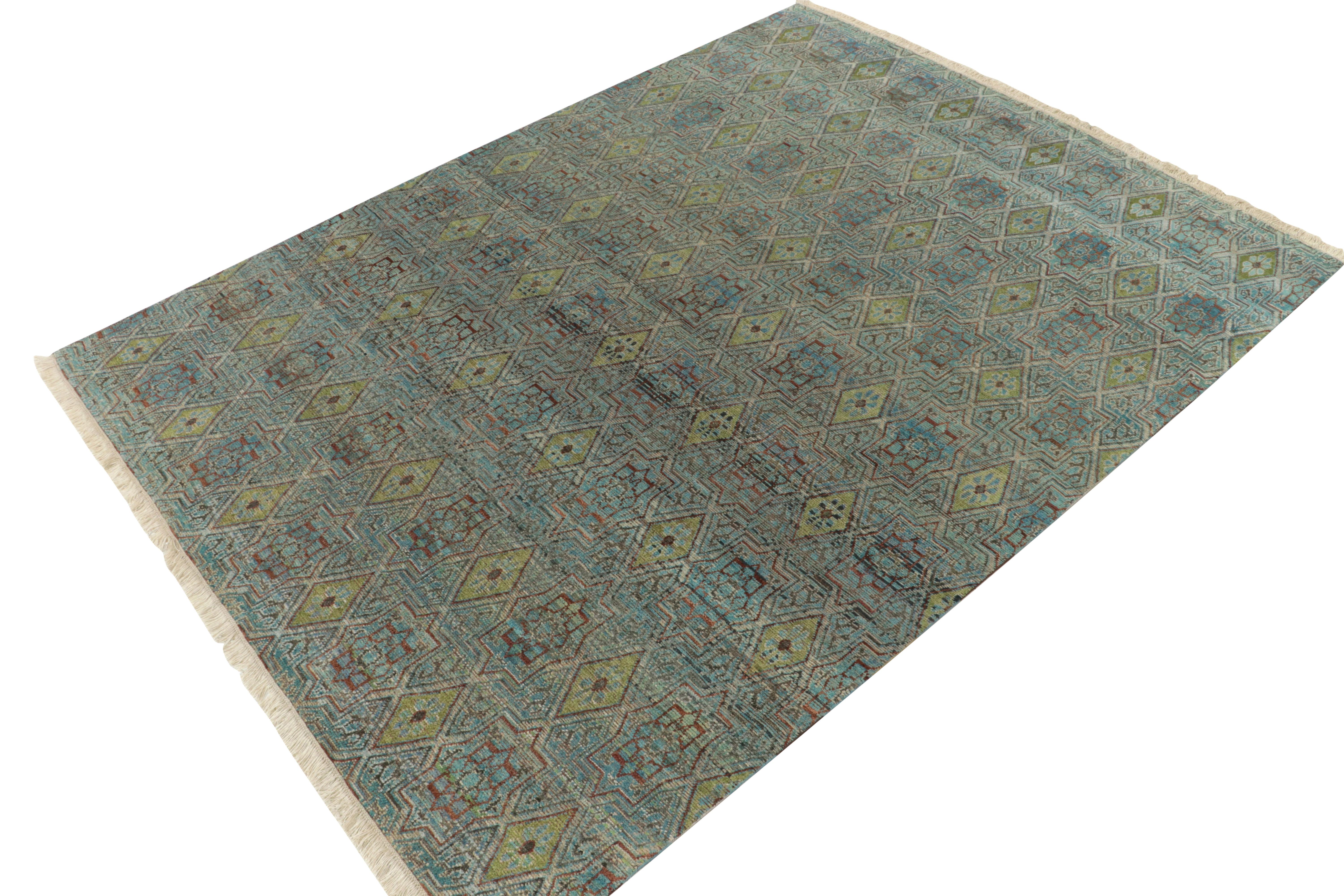 Indian Rug & Kilim’s Hand Knotted Floral Rug in Blue, Geometric Patterns For Sale