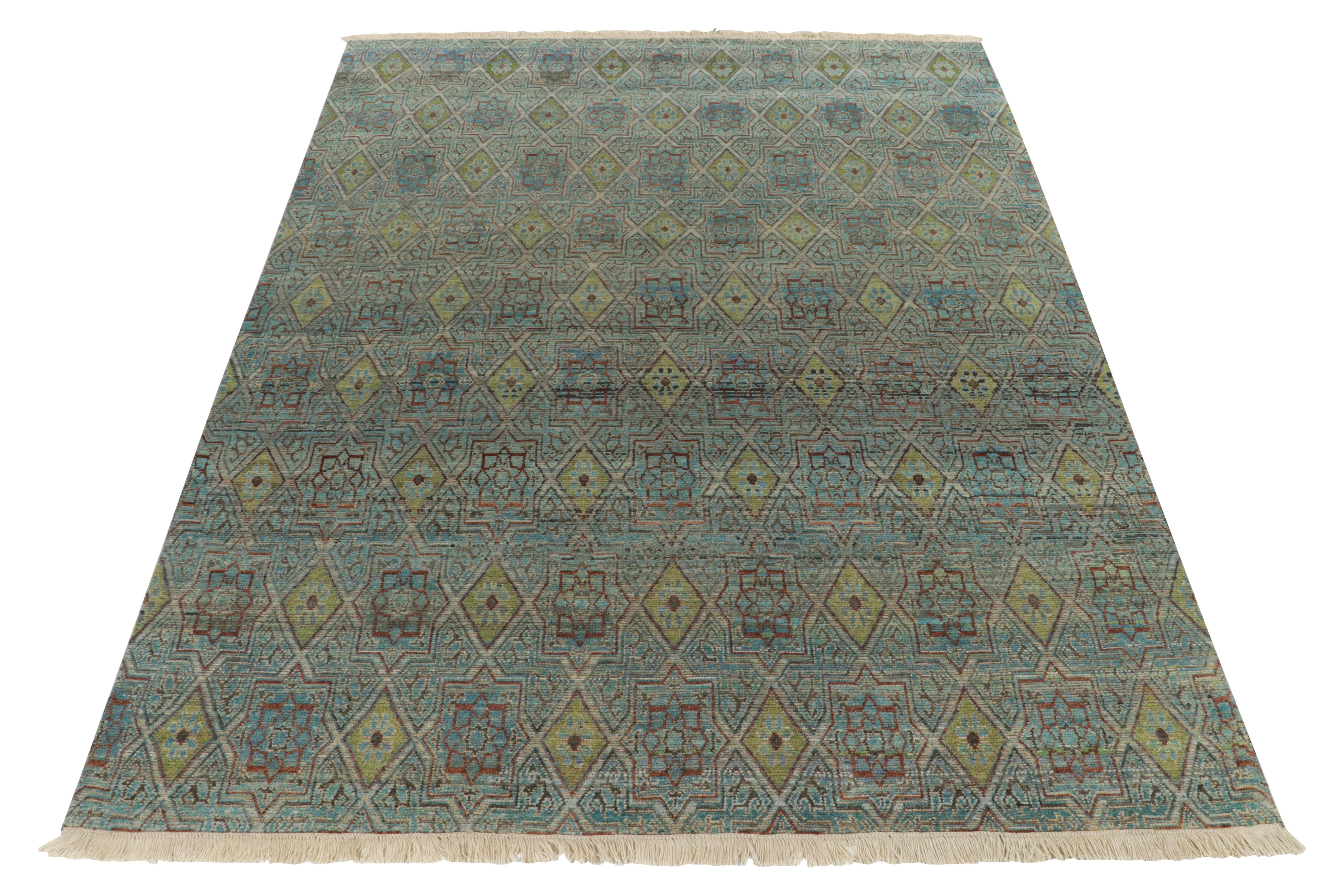 From Rug & Kilim’s Modern Classics Collection, a gorgeous 9x12 contemporary rug in luxe all silk—uniquely inspired from traditional rugs among our principal Josh Nazmiyal’s personal archives. Relishing tribal aesthetics, the rug comes from one of