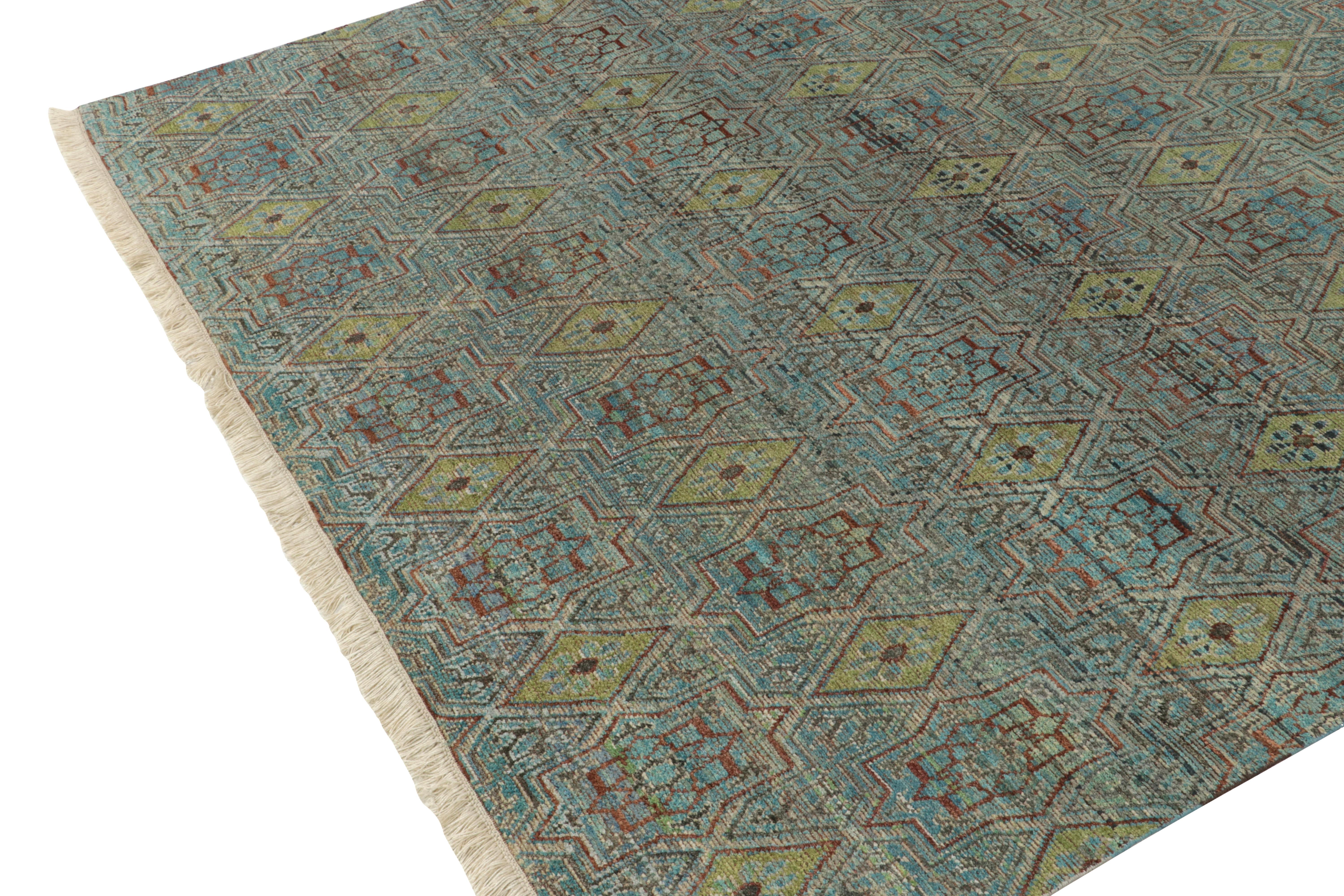 Contemporary Rug & Kilim’s Hand-Knotted Floral Rug in Blue, Geometric Patterns For Sale