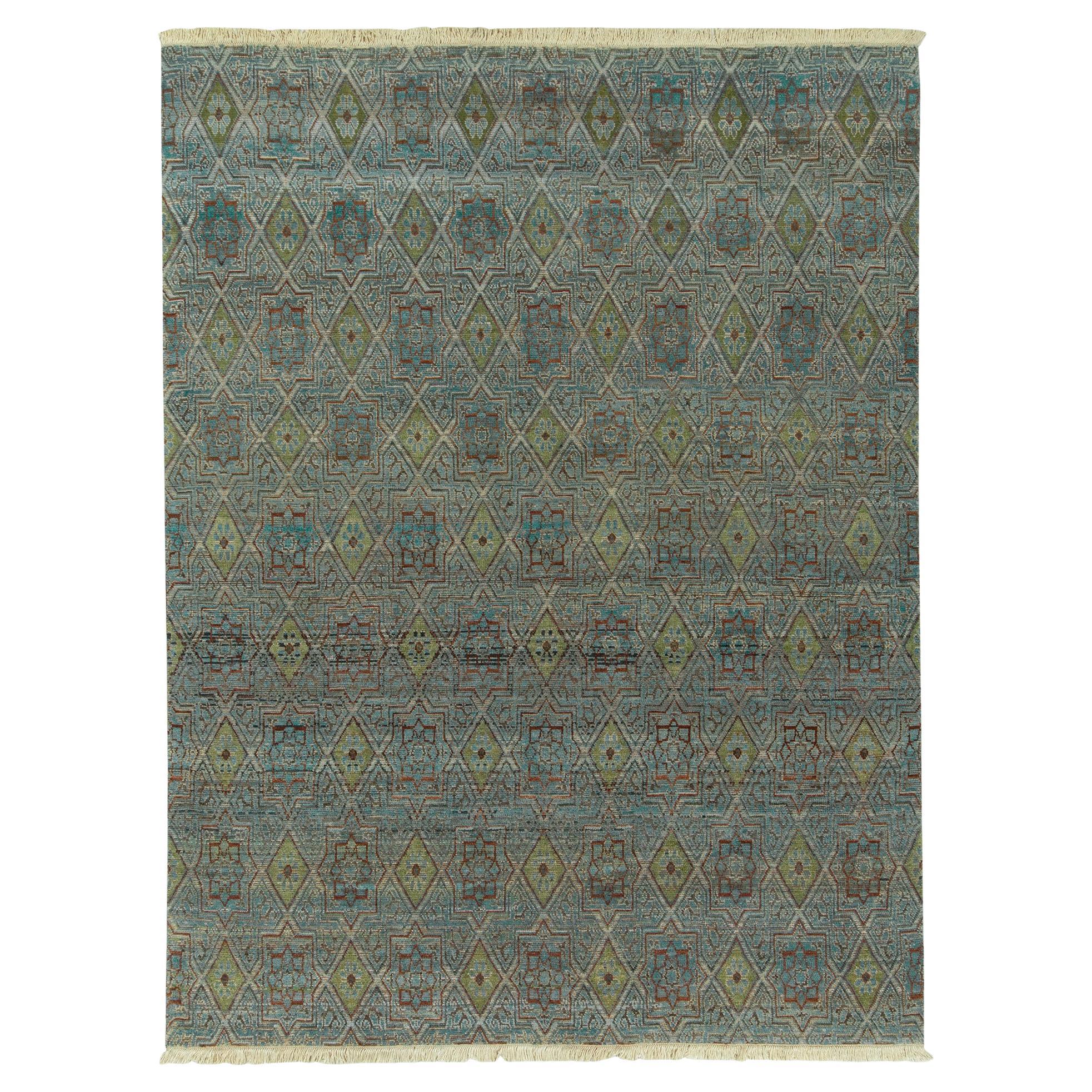 Rug & Kilim’s Hand-Knotted Floral Rug in Blue, Green Geometric Pattern