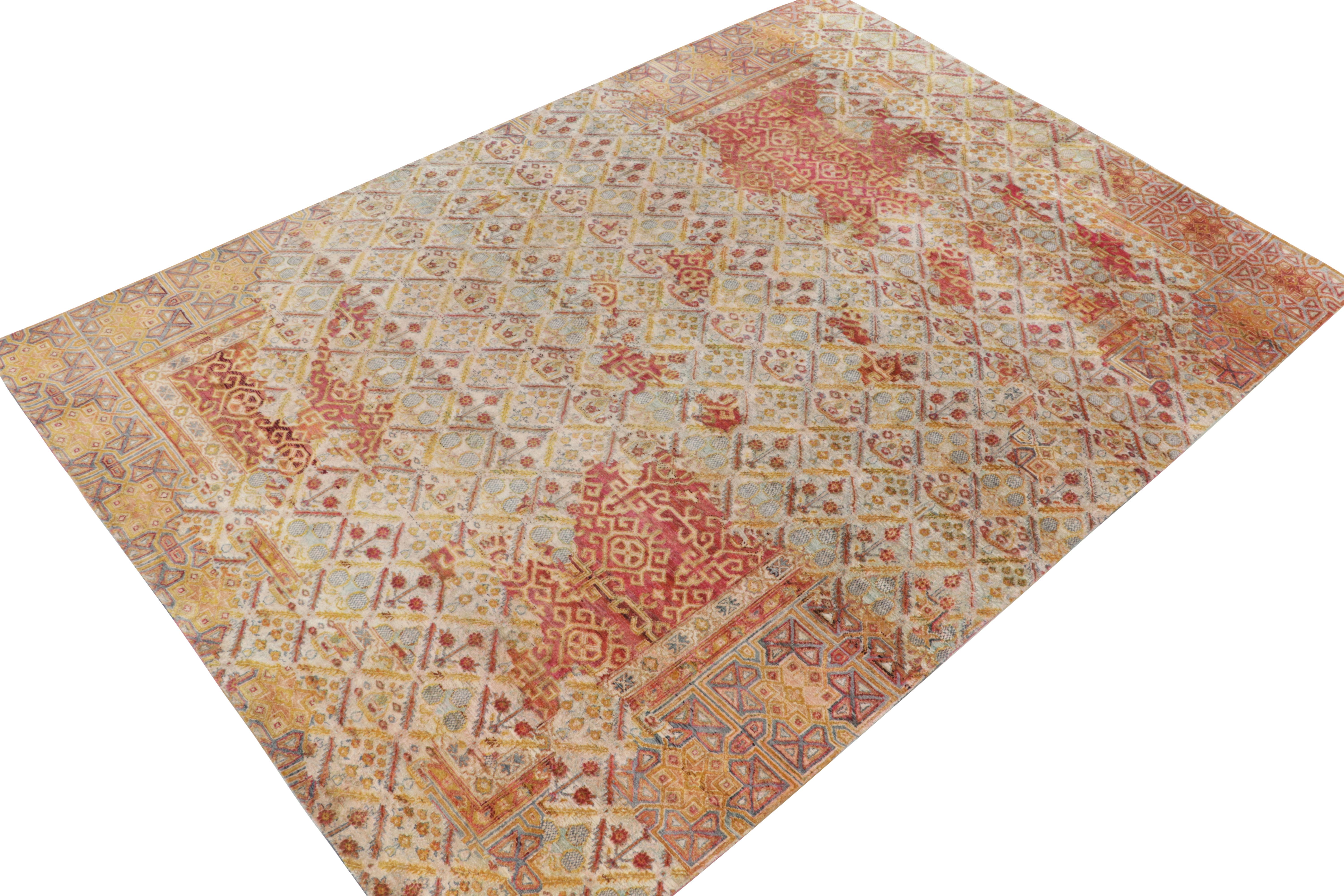 Indian Rug & Kilim’s Hand-Knotted Floral Rug in Red, Gold, Blue Geometric Pattern For Sale