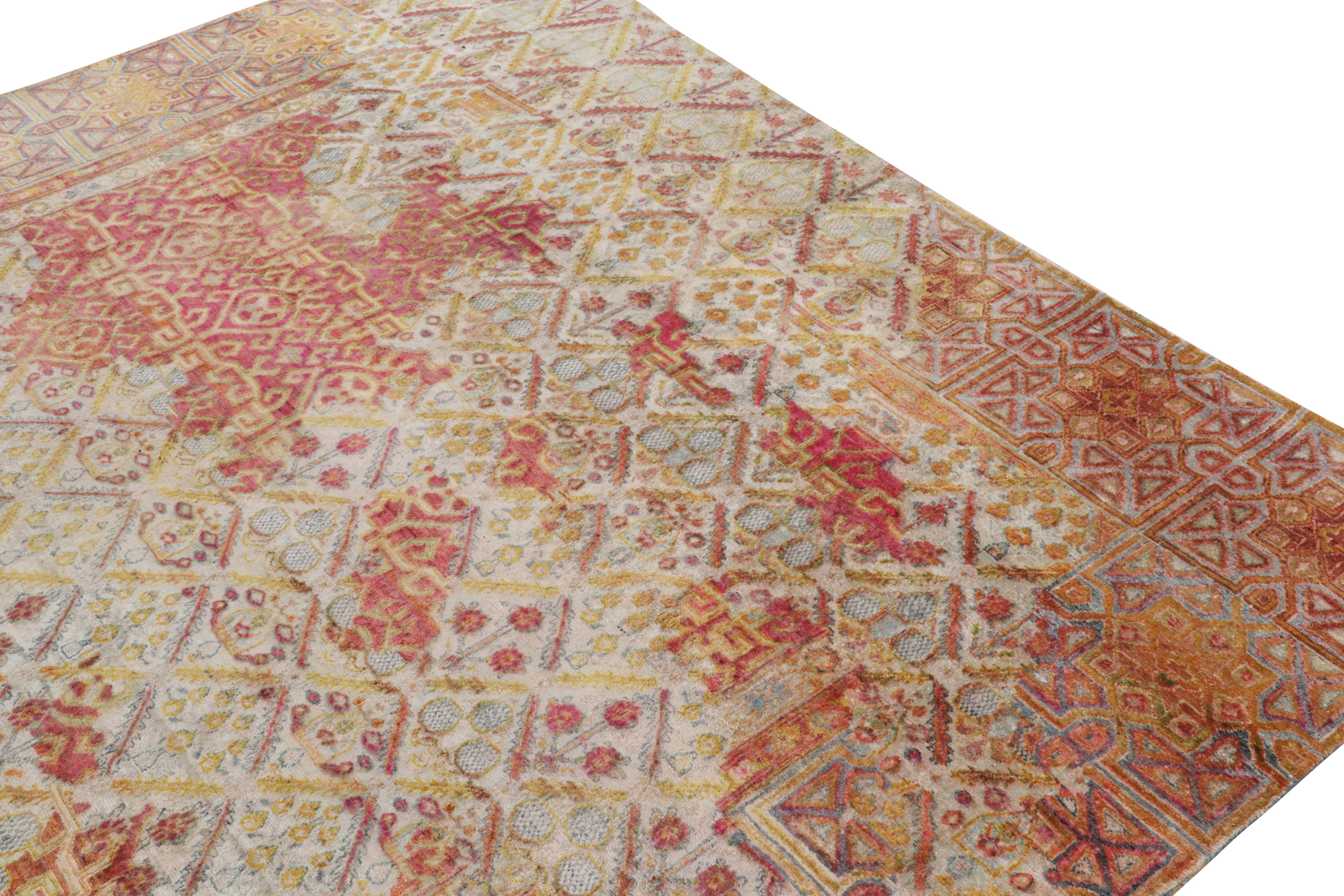 Contemporary Rug & Kilim’s Hand-Knotted Floral Rug in Red, Gold, Blue Geometric Pattern For Sale