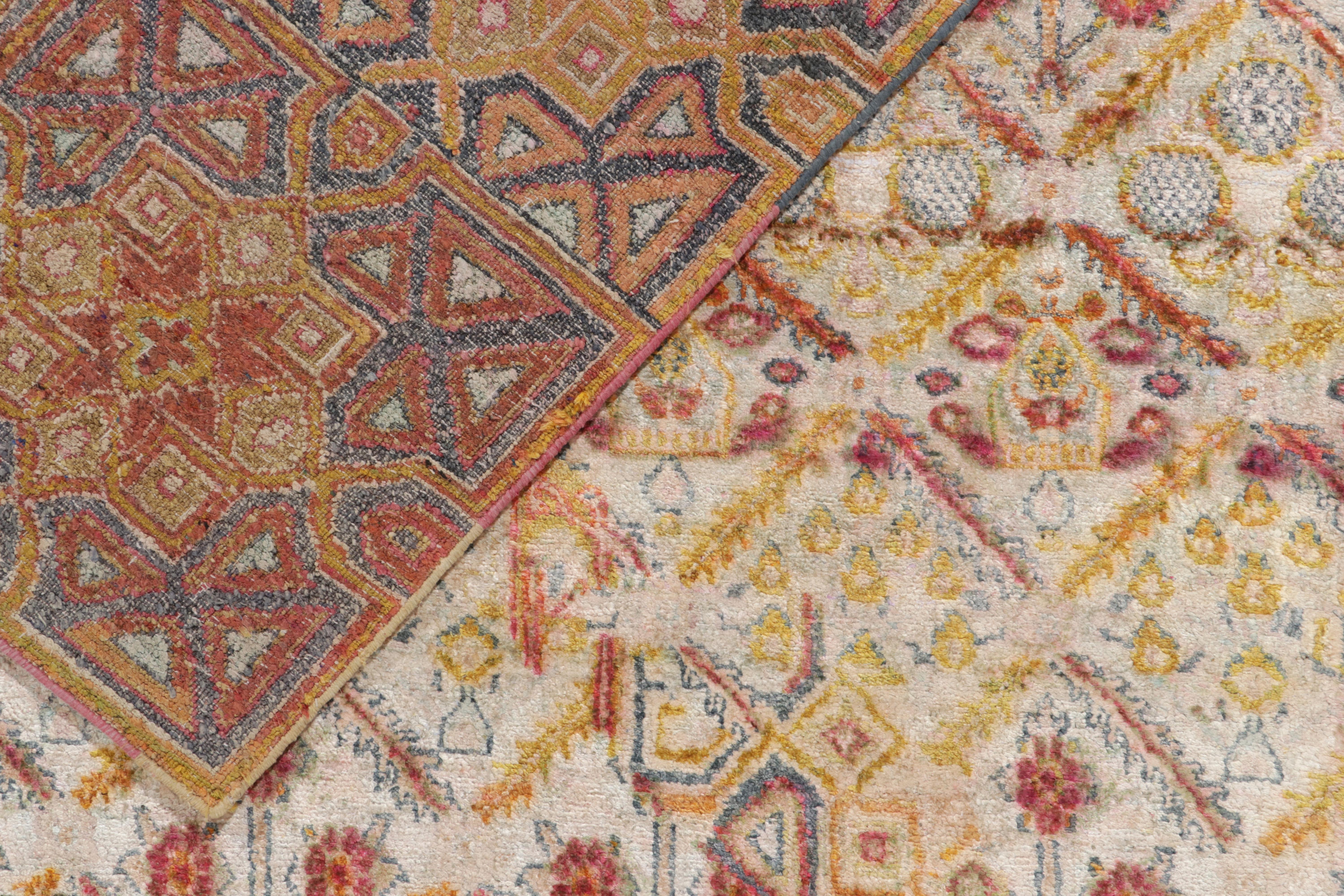 Silk Rug & Kilim’s Hand-Knotted Floral Rug in Red, Gold, Blue Geometric Pattern For Sale