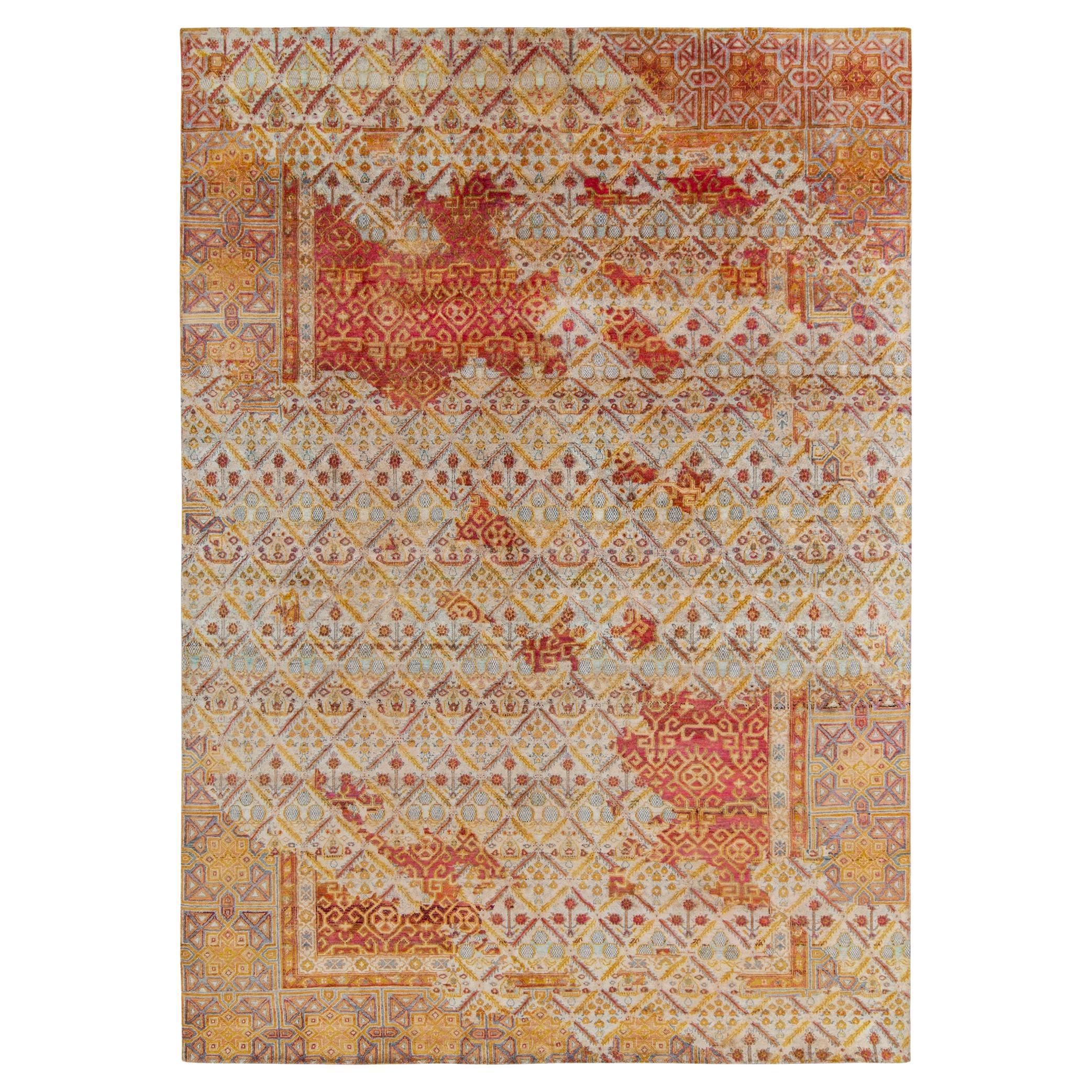 Rug & Kilim’s Hand-Knotted Floral Rug in Red, Gold, Blue Geometric Pattern For Sale