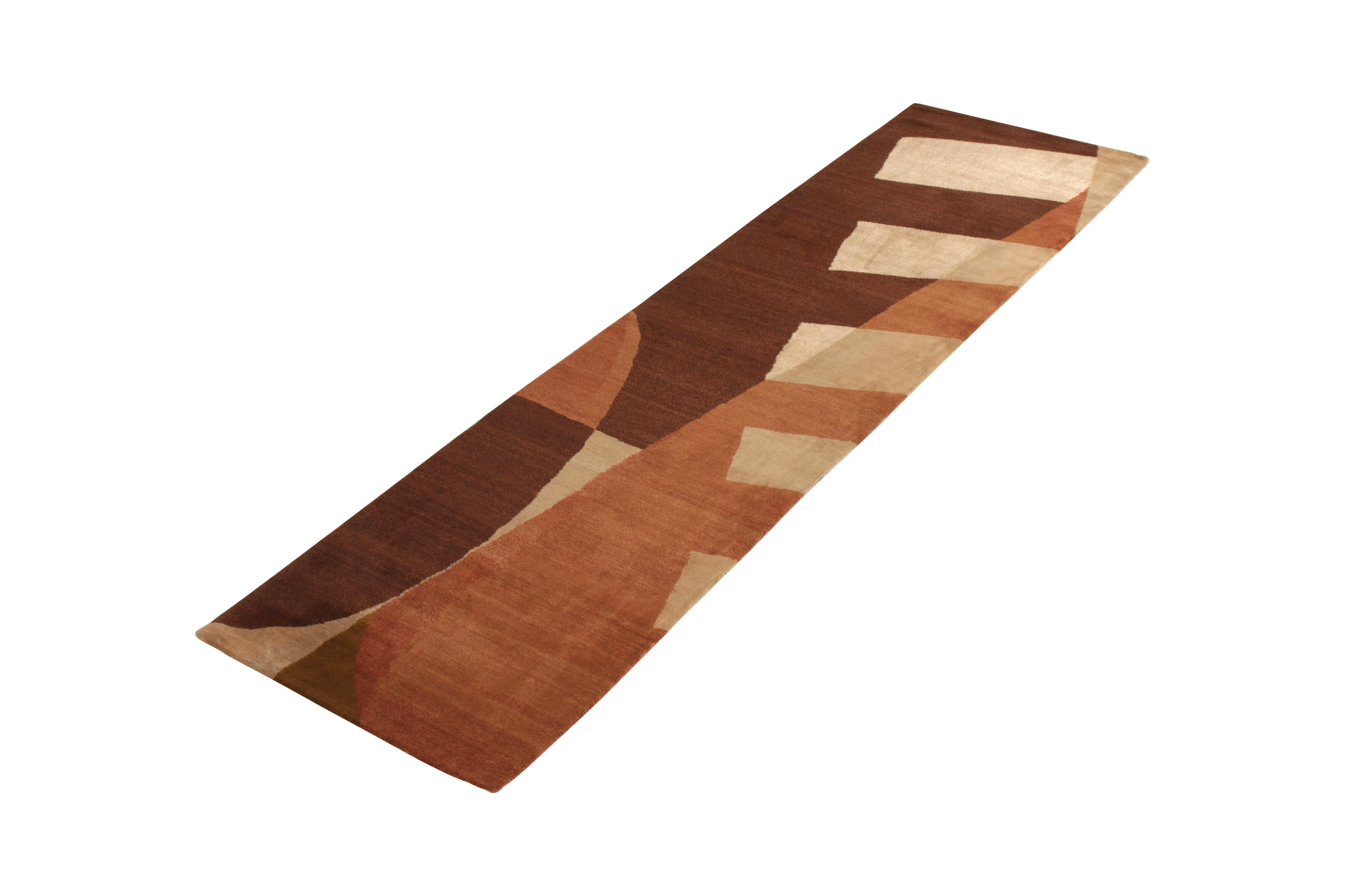 Modern Rug & Kilim's Hand Knotted Geometric Runner Brown Pink and Gold Custom Rug For Sale