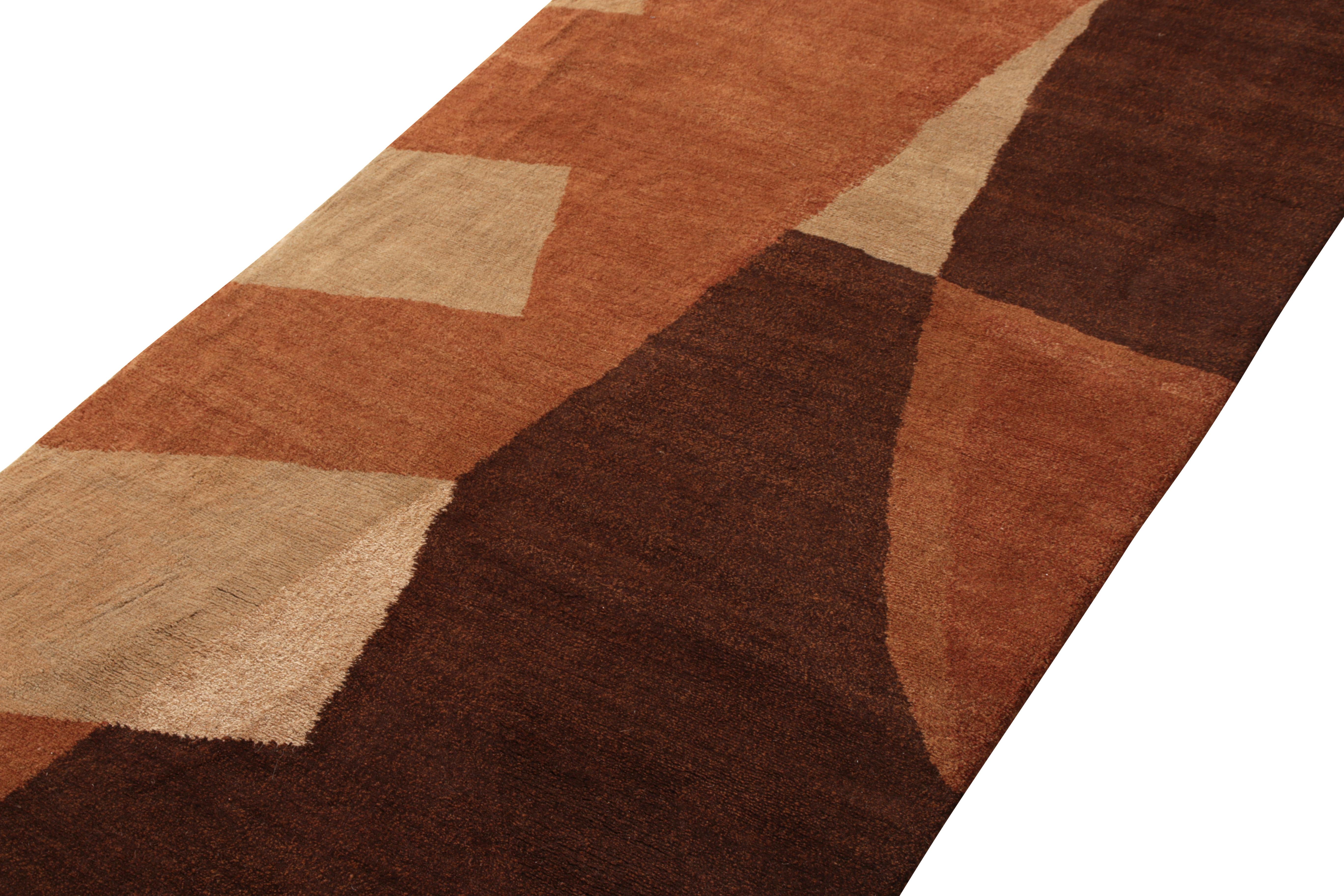 Nepalese Rug & Kilim's Hand Knotted Geometric Runner Brown Pink and Gold Custom Rug For Sale