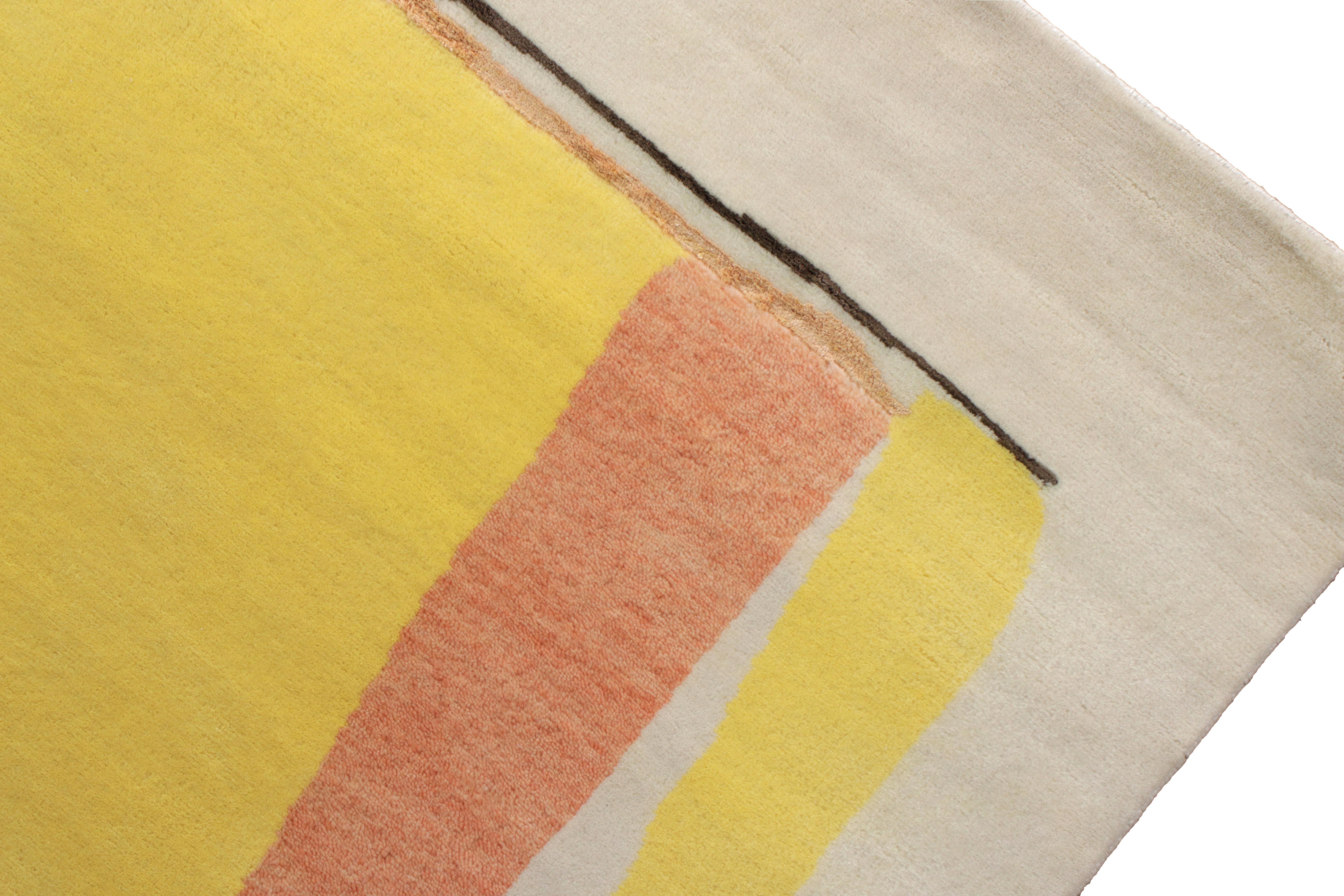 Indian Rug & Kilim's Hand Knotted Mid-Century Modern Rug in Yellow and White Pattern