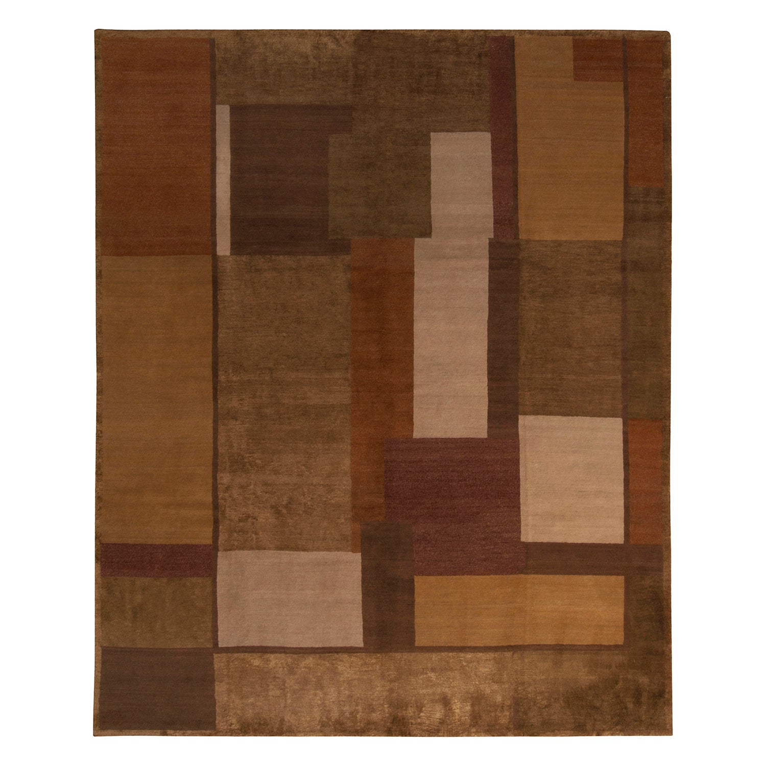 Rug 
Kilim è un tappeto cubista moderno, annodato a mano, di colore beige-marrone, con motivo deco oro