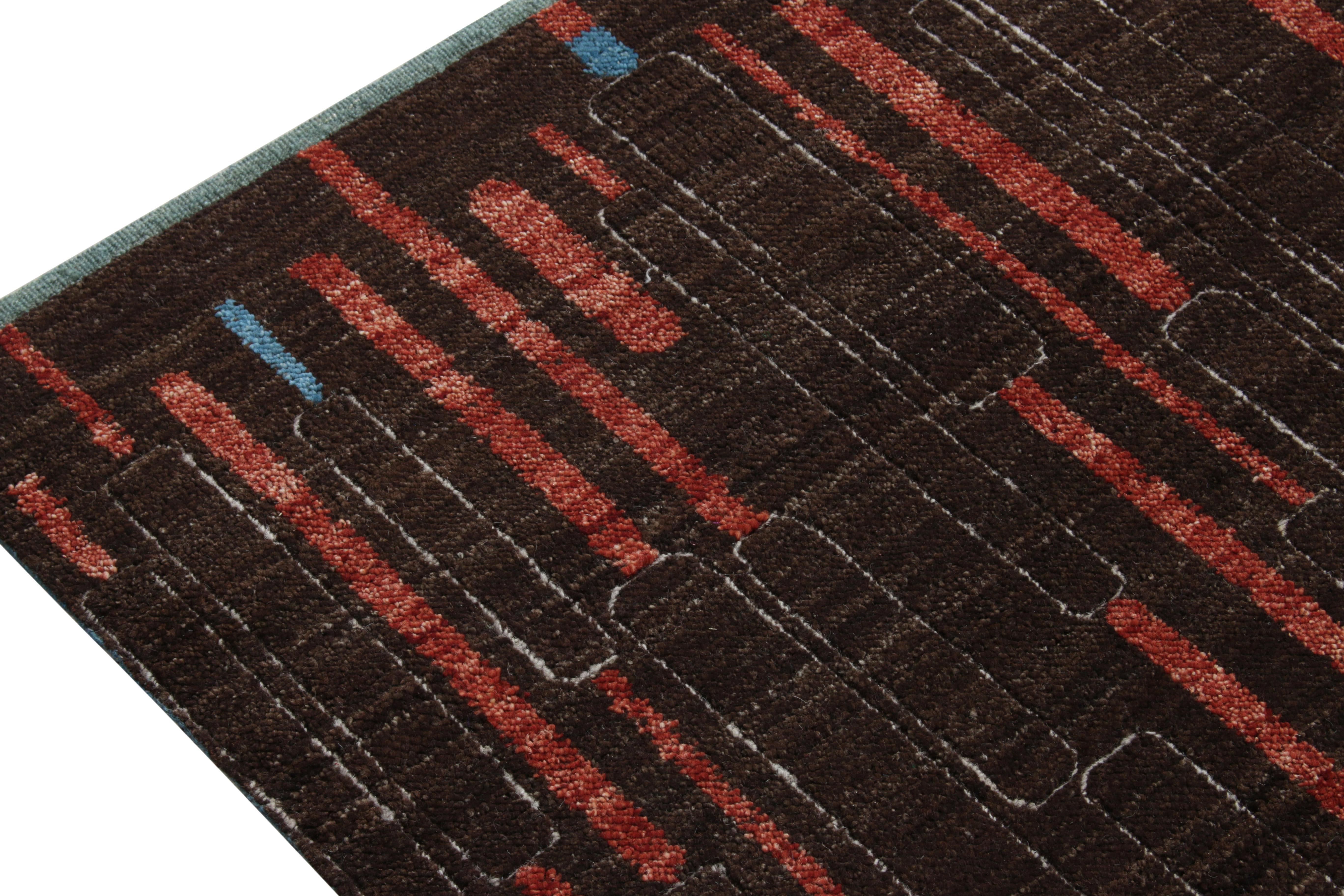 Pakistani Rug & Kilim's Hand-Knotted Modern Rug in Brown, Red and Blue Deco Pattern For Sale
