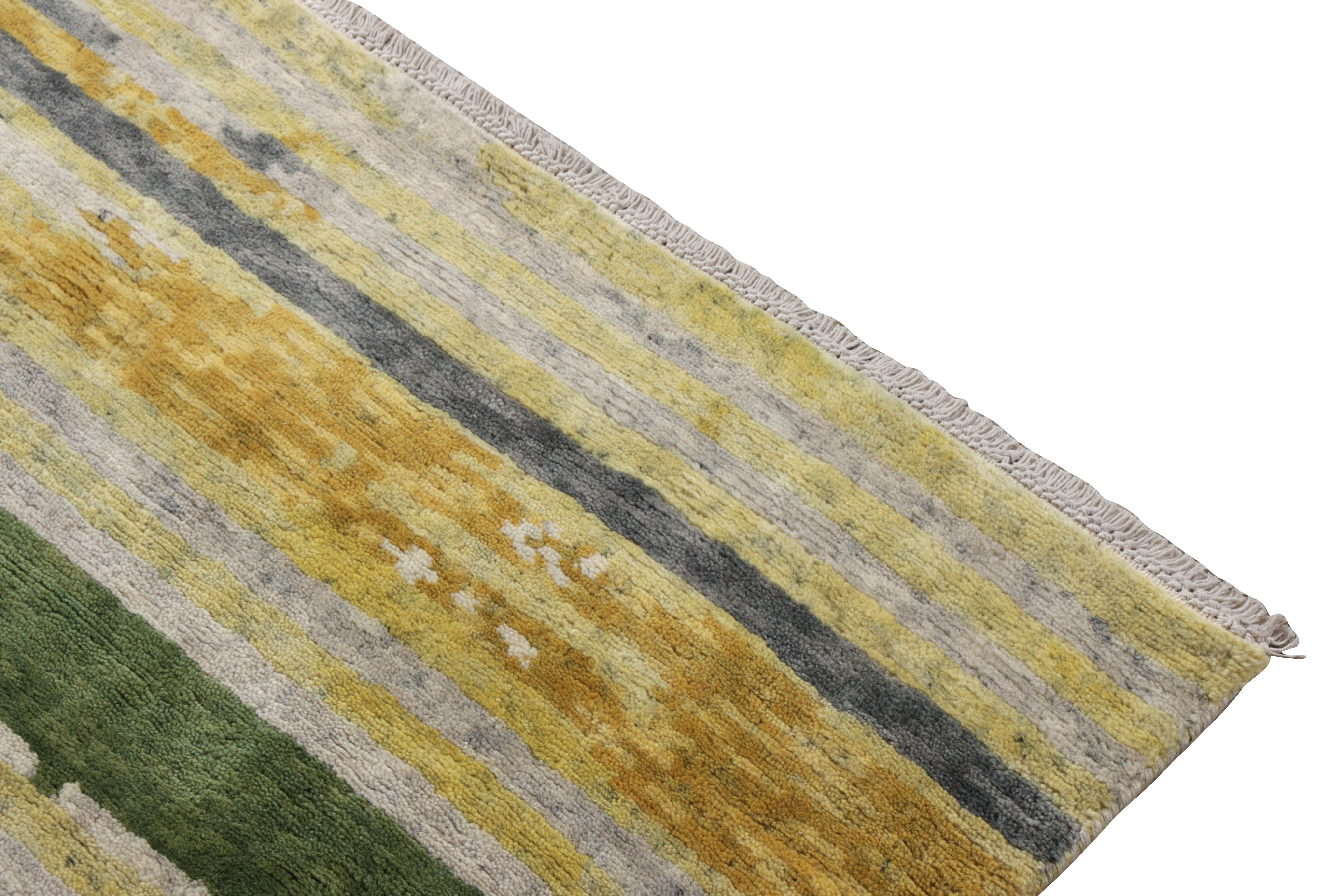 Modern Rug & Kilim’s Abstract Rug In Green, Gray And Gold Striations For Sale