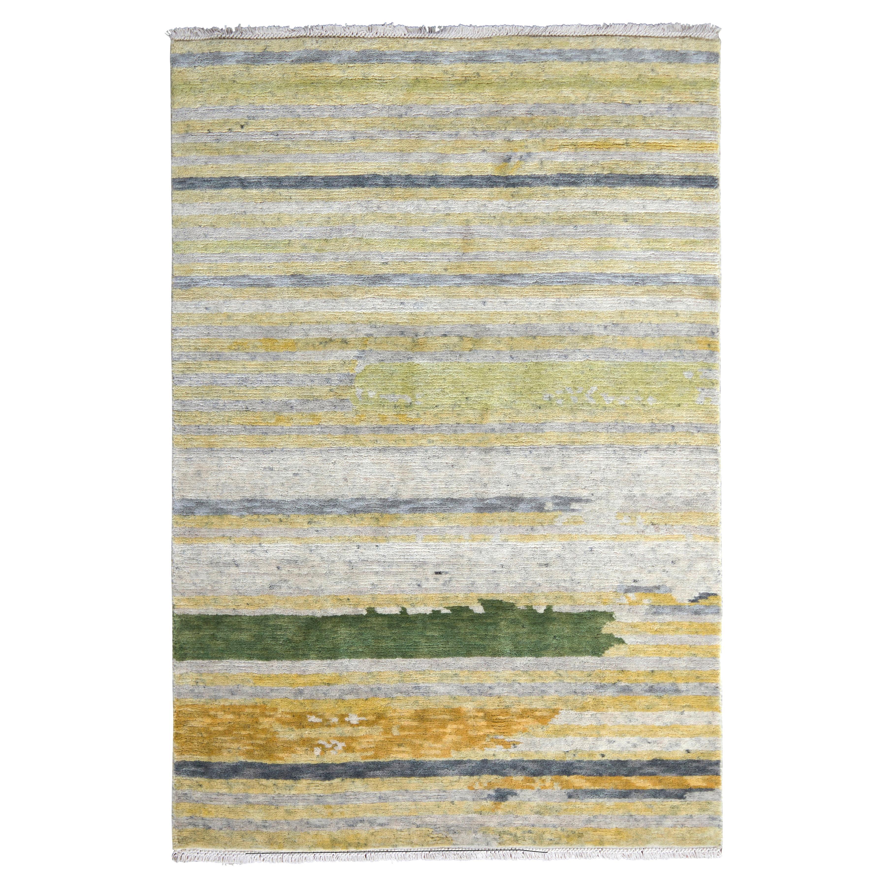 Rug & Kilim’s Abstract Rug In Green, Gray And Gold Striations For Sale
