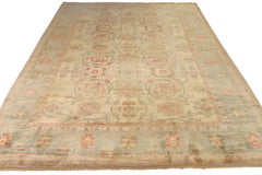 Hand Knotted Oushak Style Rug in Beige and Blue Floral Pattern