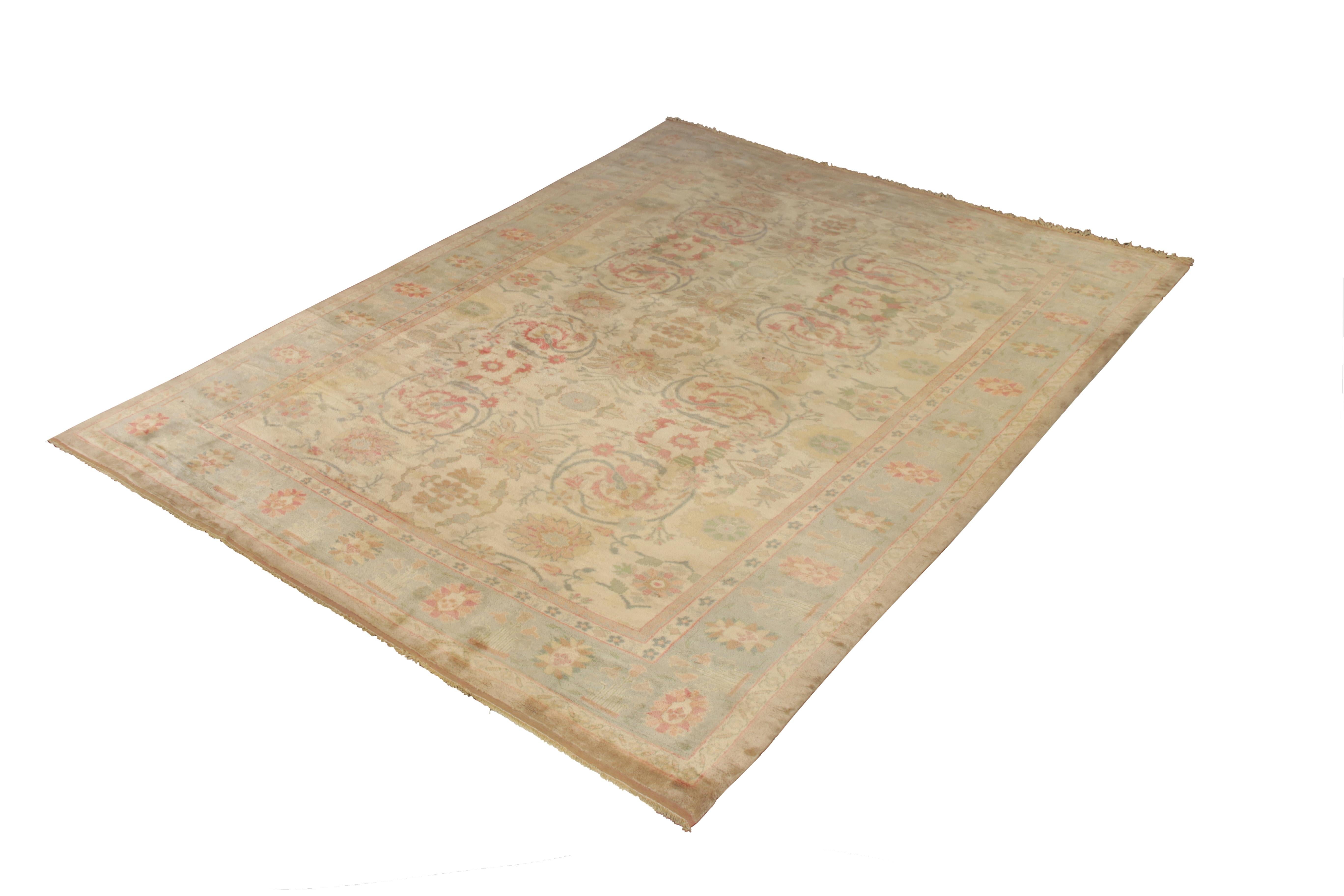 Turkish Hand Knotted Oushak Style Rug in Beige and Blue Floral Pattern For Sale