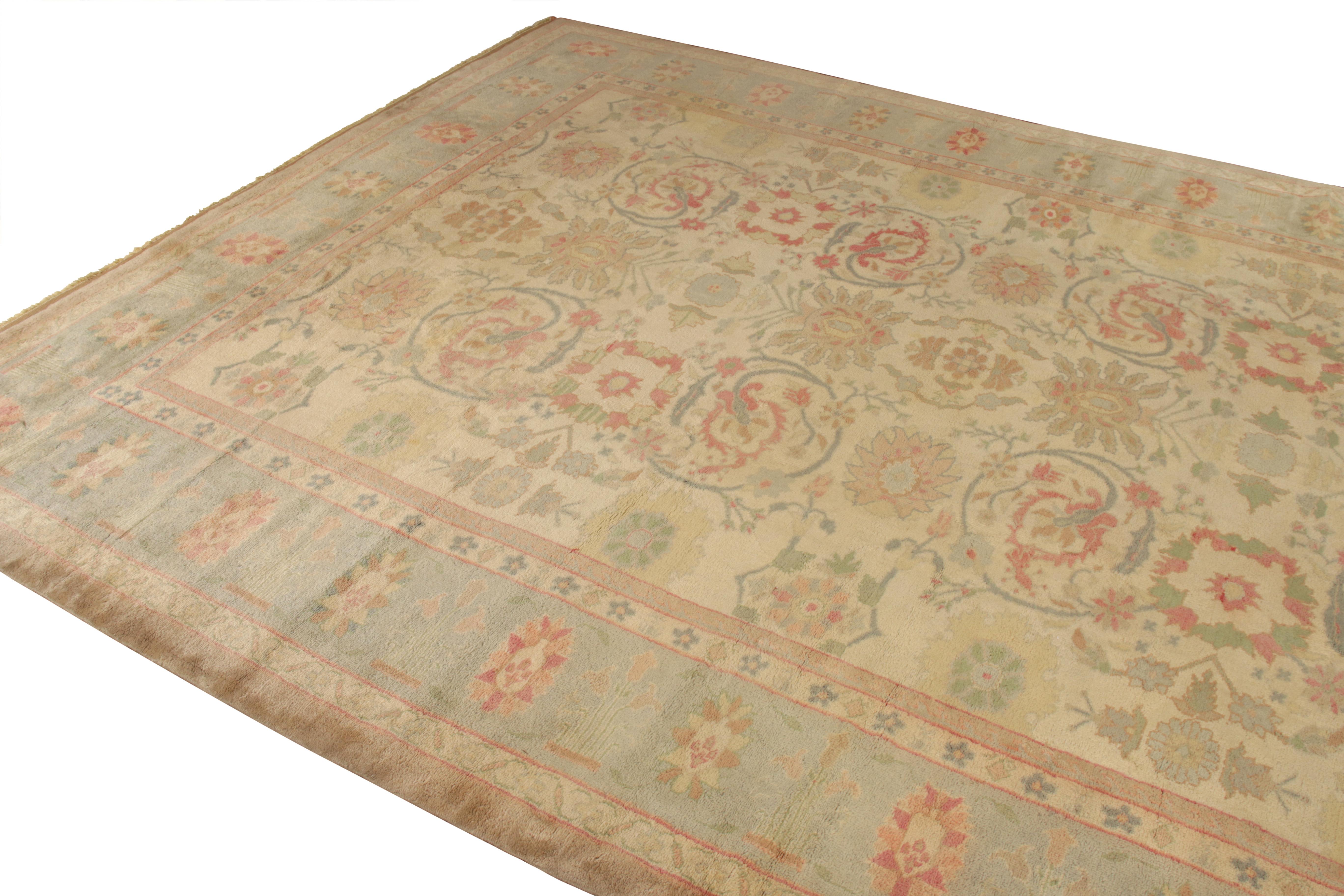 Hand-Knotted Hand Knotted Oushak Style Rug in Beige and Blue Floral Pattern For Sale