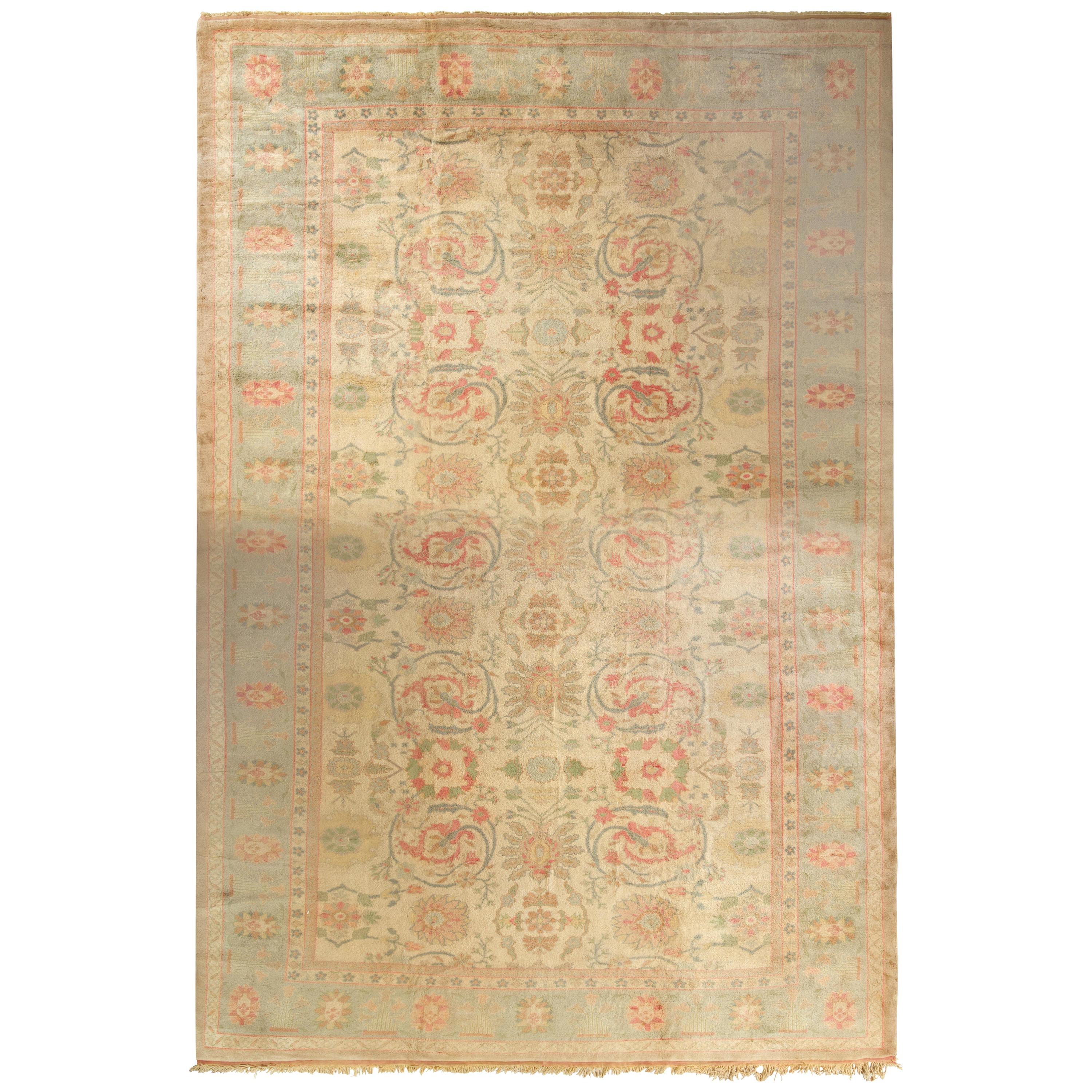 Hand Knotted Oushak Style Rug in Beige and Blue Floral Pattern For Sale