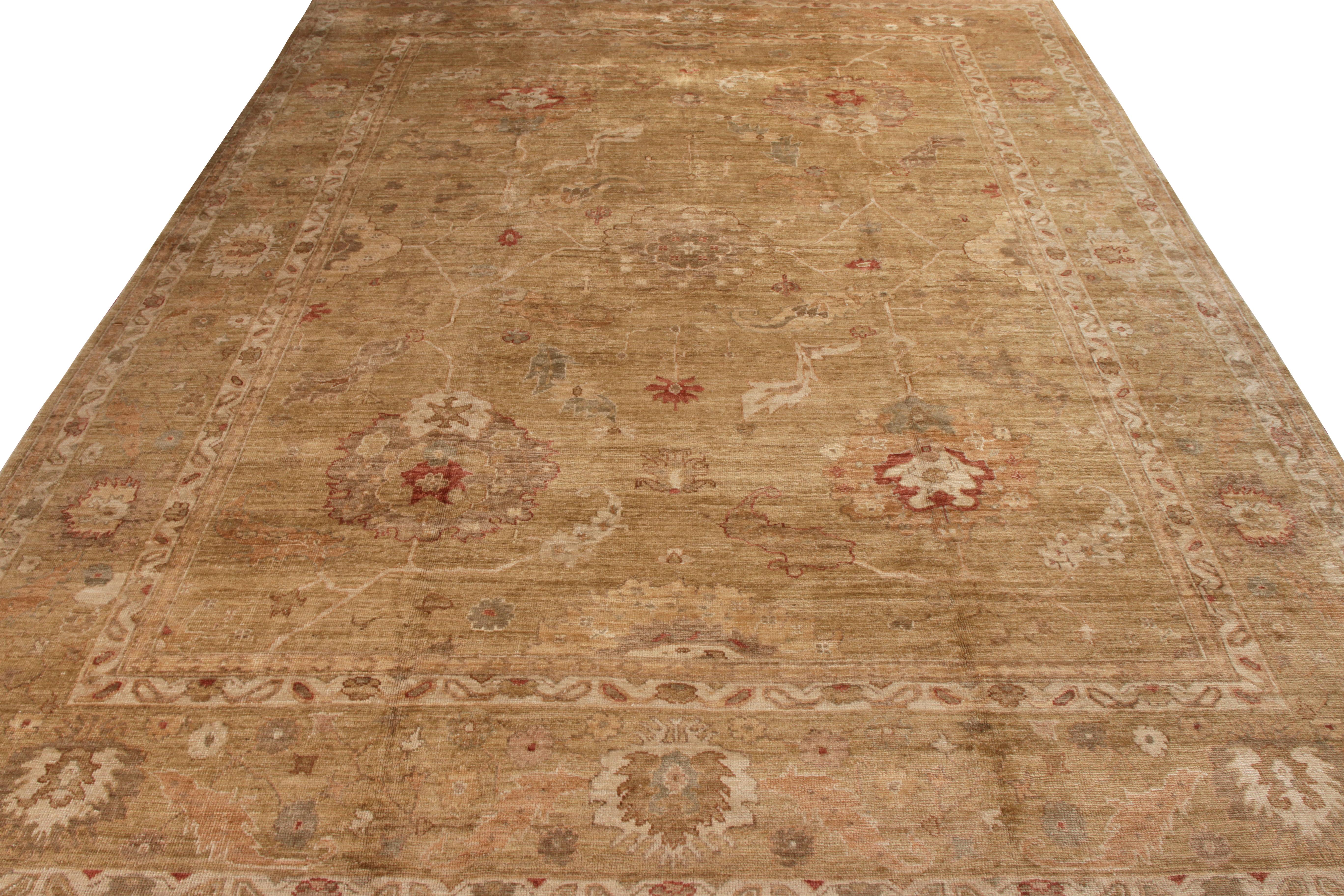 A 12 x 16 entrant to Rug & Kilim’s Modern Classics Collection, hand knotted in wool drawing on traditional Oushak rugs in this inspired reimaging. The dextrous choice of lustrous and forgiving colours in beige-brown and red brings the refinement in