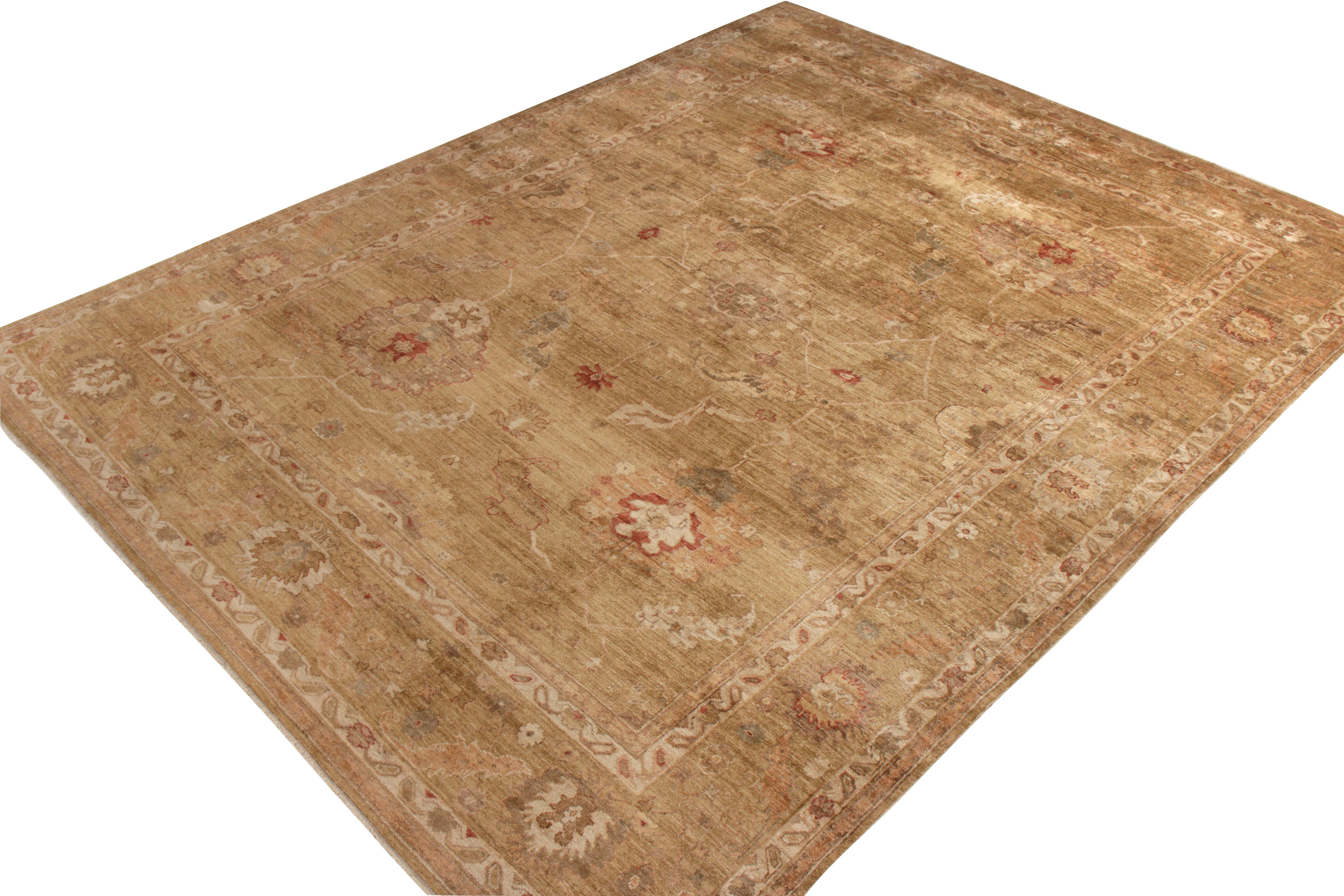 Turkish Rug & Kilim’s Hand-Knotted Oushak Style Rug in Beige-Brown Floral Pattern For Sale