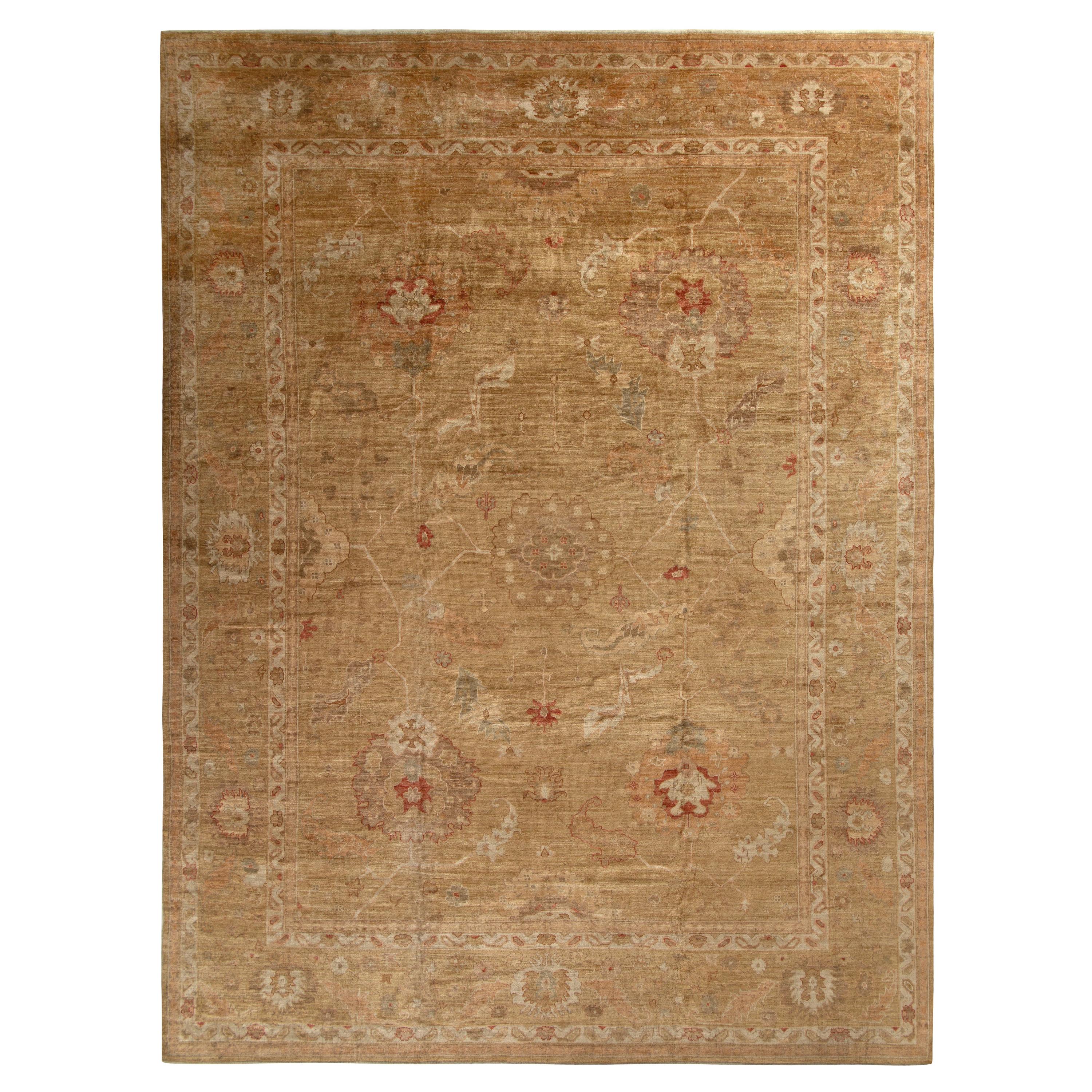 Rug & Kilim’s Hand-Knotted Oushak Style Rug in Beige-Brown Floral Pattern