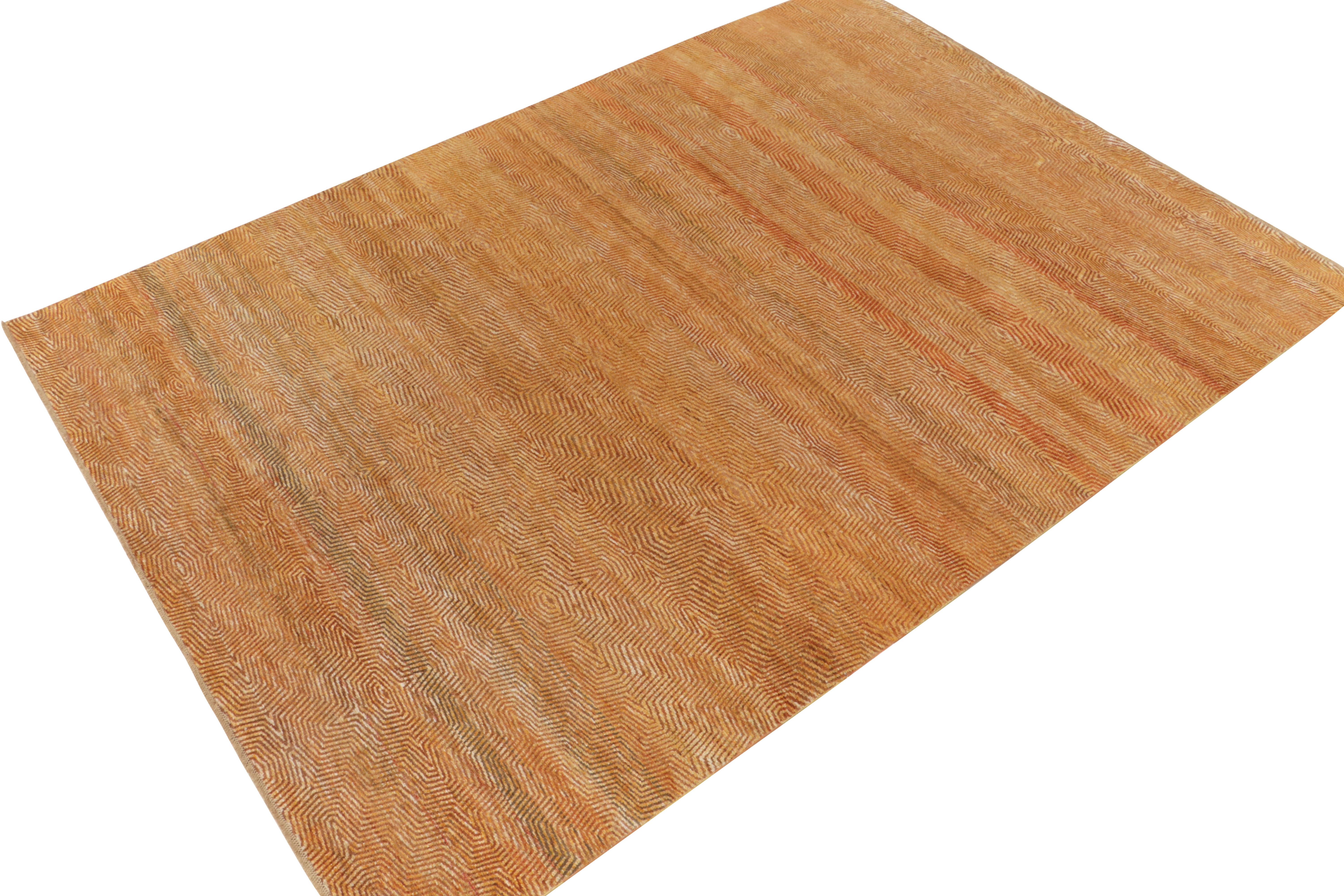 Modern Rug & Kilim’s Hand Knotted Rug in Gold-Orange, Brown Striations
