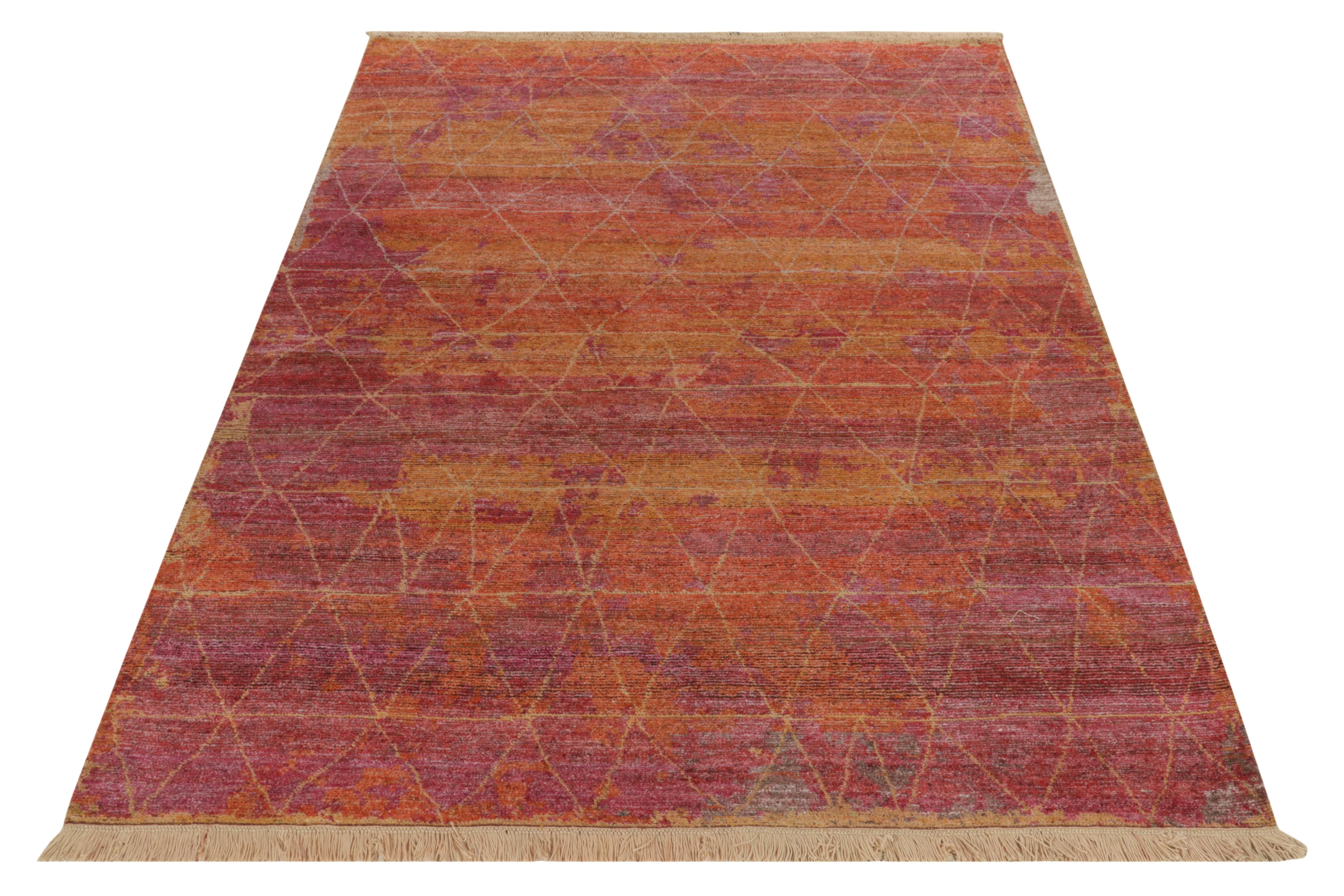 From Rug & Kilim’s bold modern selections, an 8x12 rug in luxe all silk, uniquely encapsulating our principal Josh Nazmiyal’s vision on contemporary styles subtly influenced by Moroccan tribal geometry. 

The hand-knotted rug comes from one of our