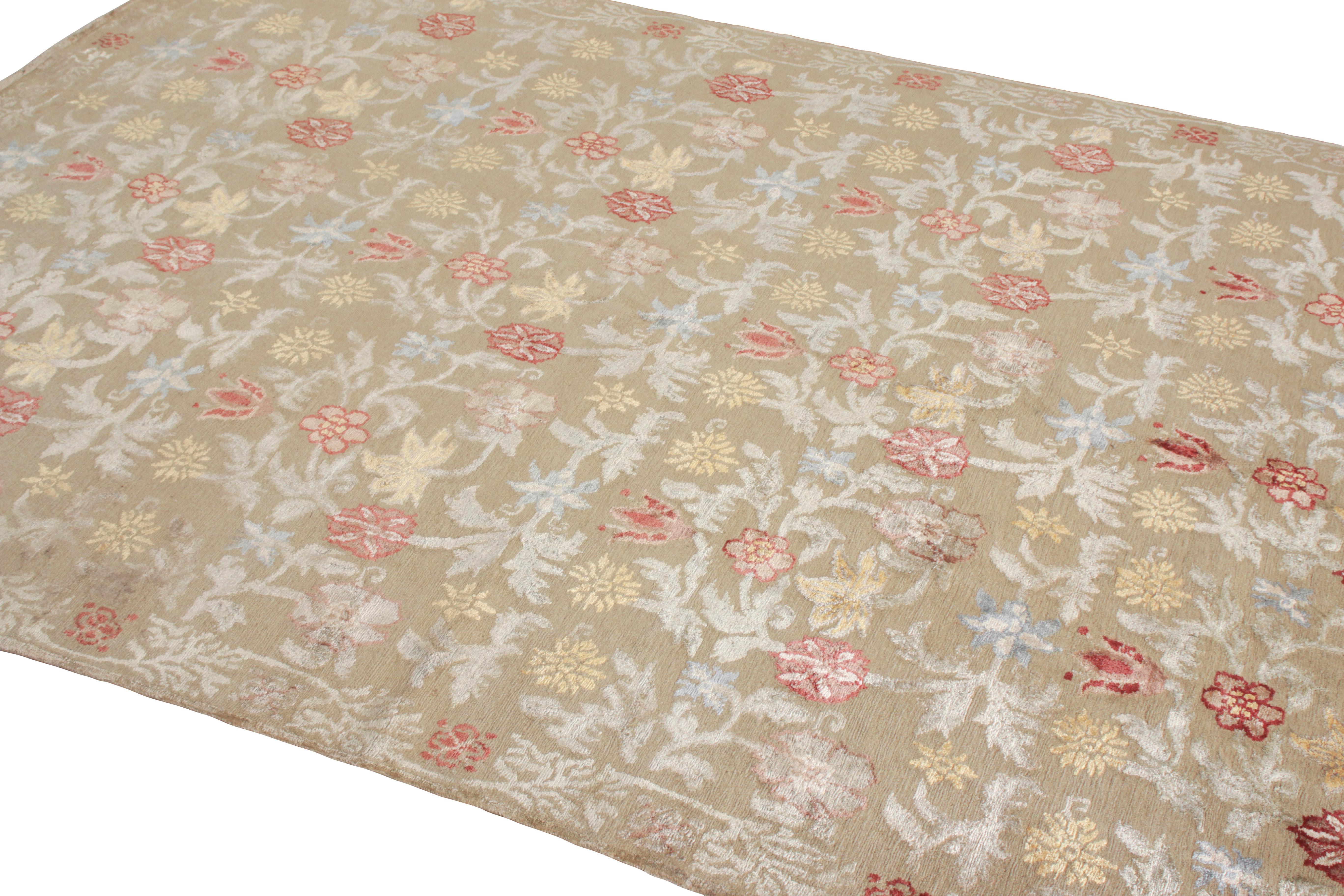Art Deco Rug & Kilim's Hand Knotted Spanish Style Floral Rug in Beige and Red For Sale