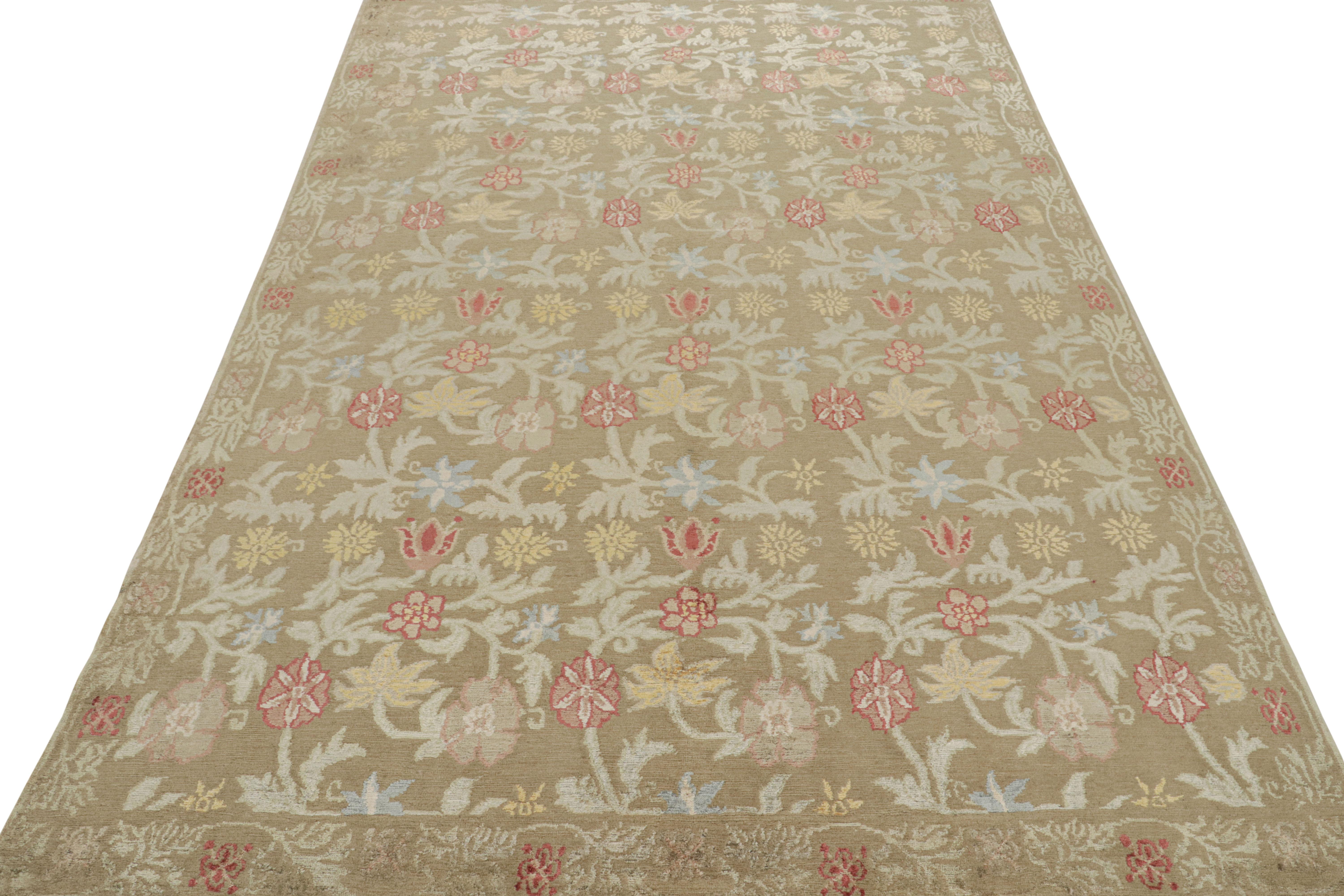 Art Deco Rug & Kilim's Hand Knotted Spanish Style Floral Rug in Beige and Red For Sale