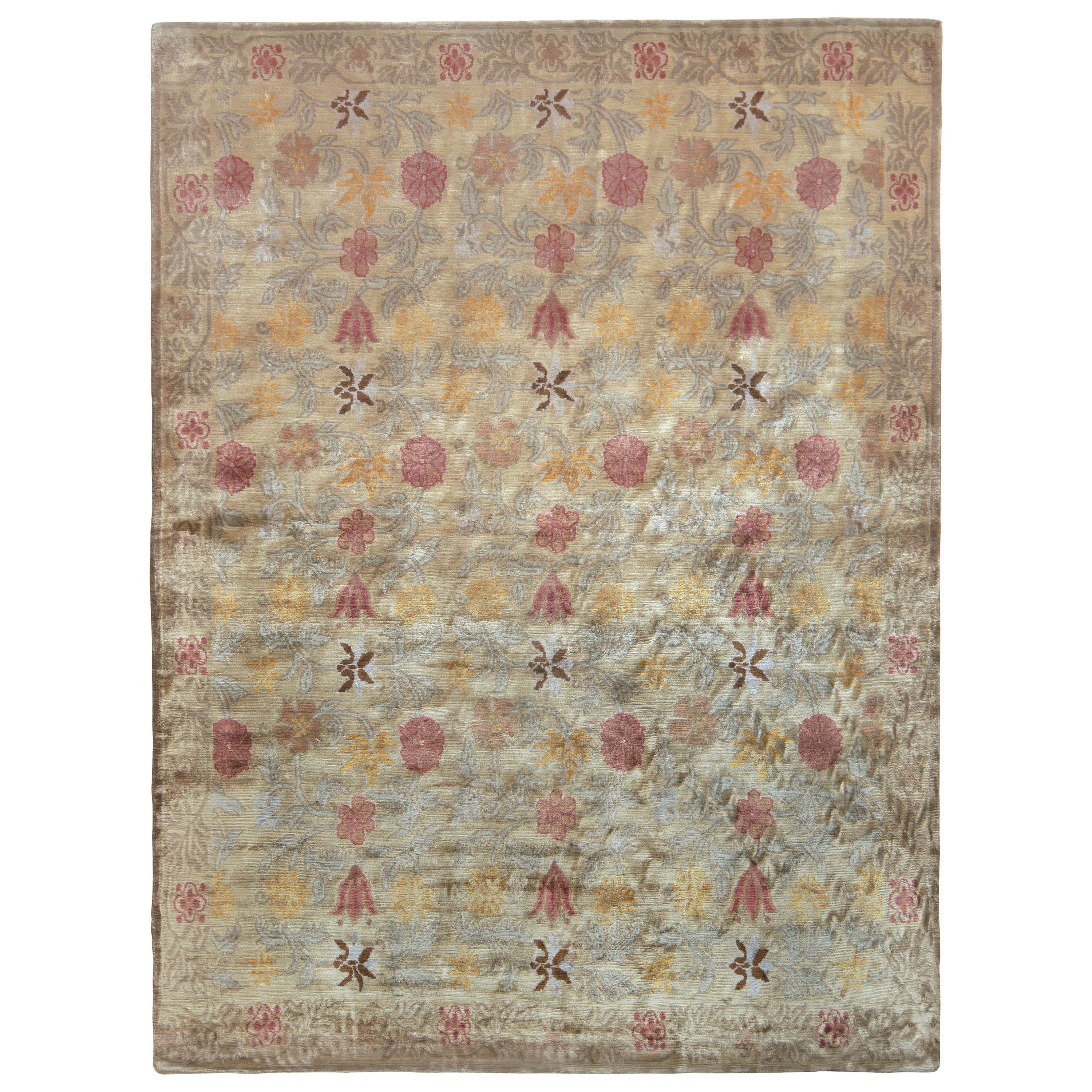 Rug & Kilim's Hand Knotted Spanish Style Floral Rug in Beige and Red For Sale