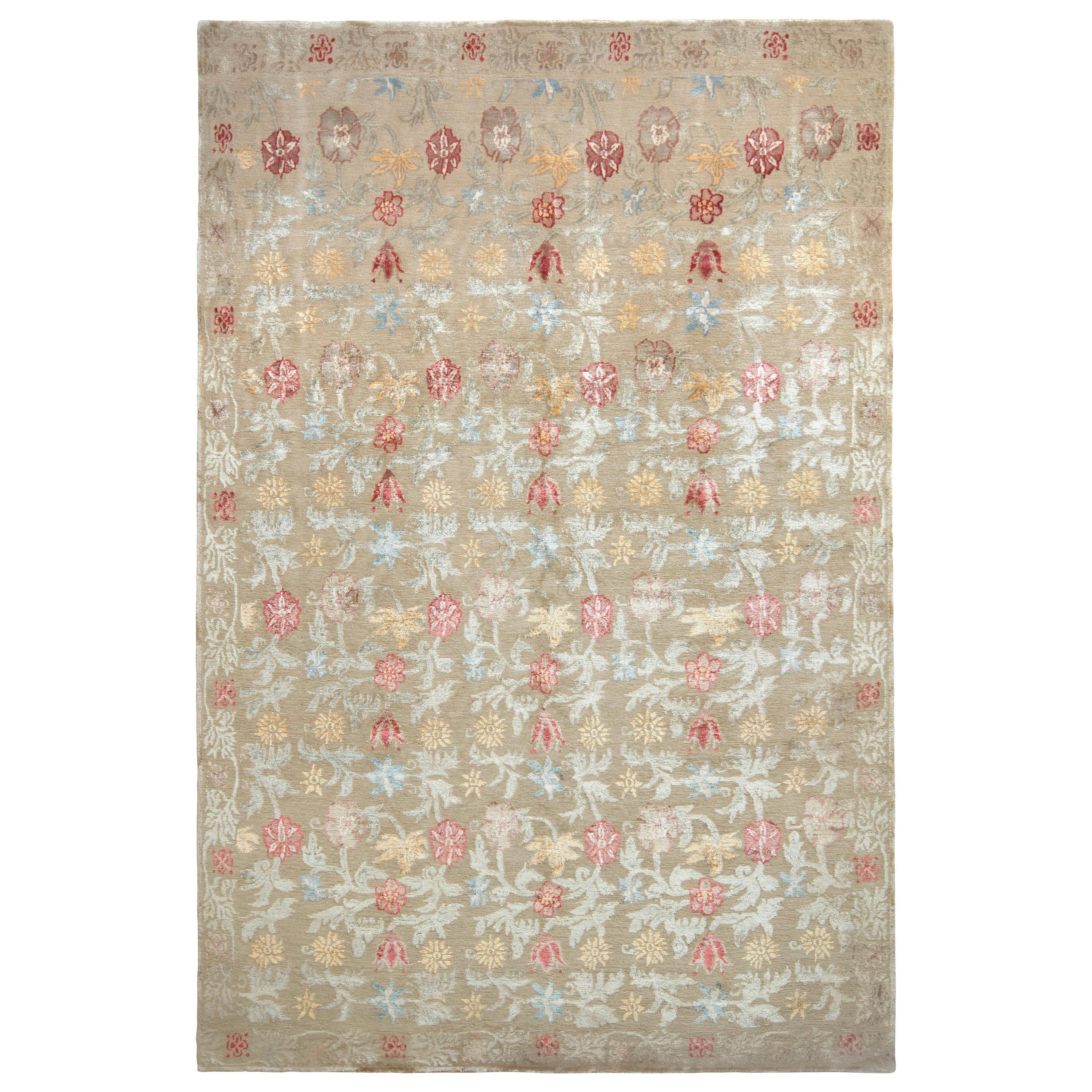 Rug & Kilim's Hand Knotted Spanish Style Floral Rug in Beige and Red For Sale