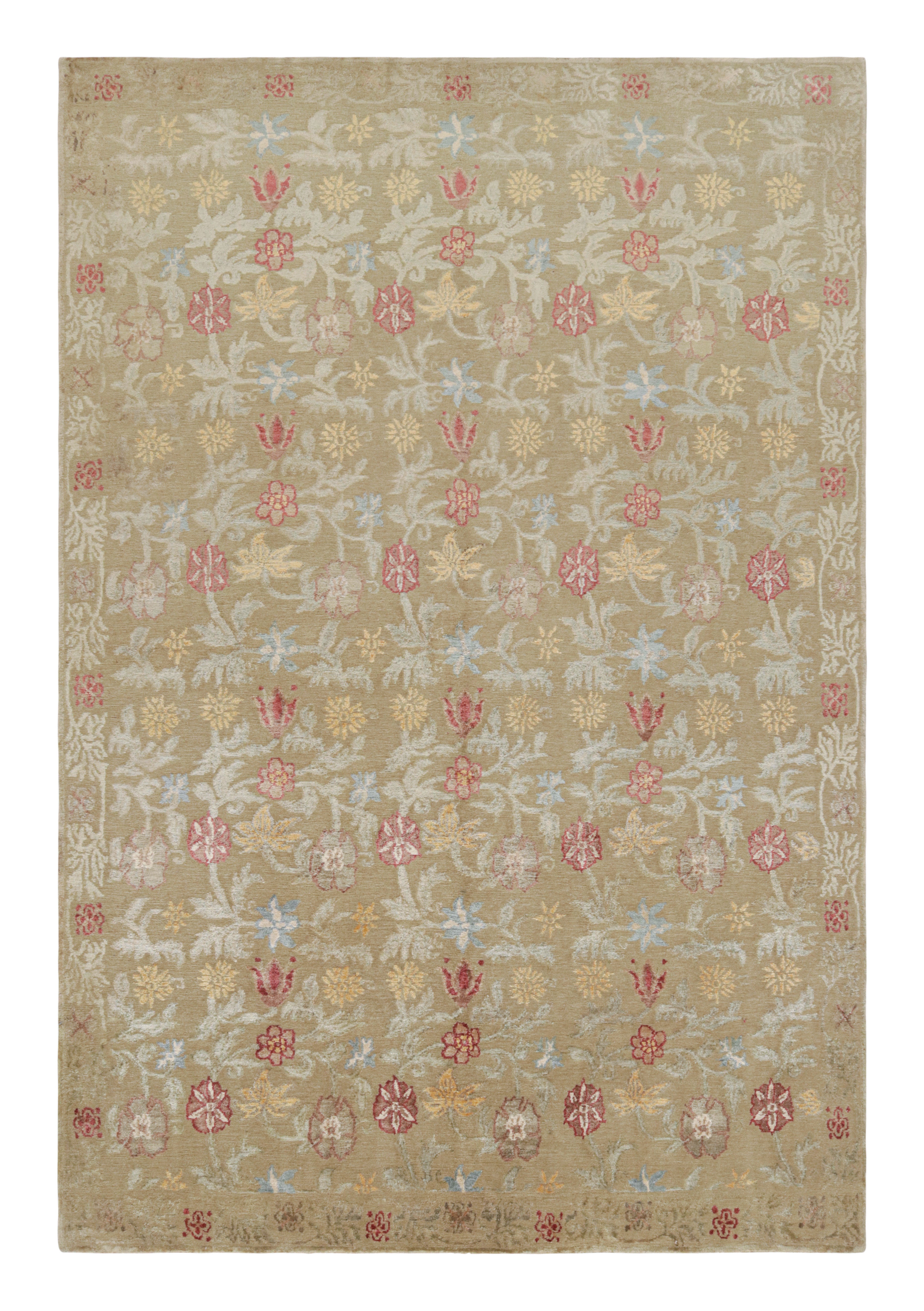 Rug & Kilim's Hand Knotted Spanish Style Floral Rug in Beige and Red