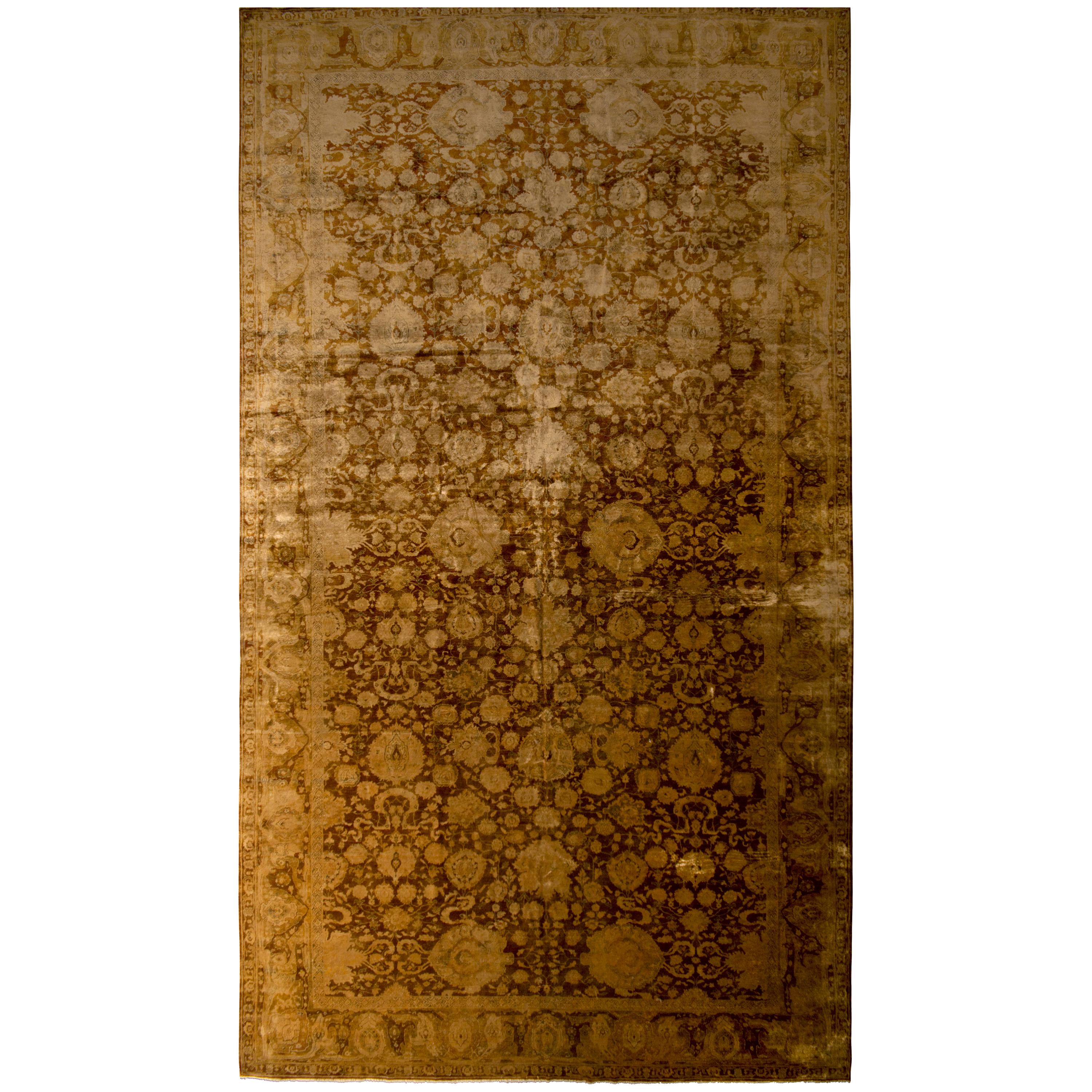 Rug & Kilim's Hand Knotted Tabriz Style Rug Beige-Brown Gold Geometric Silk Rug For Sale