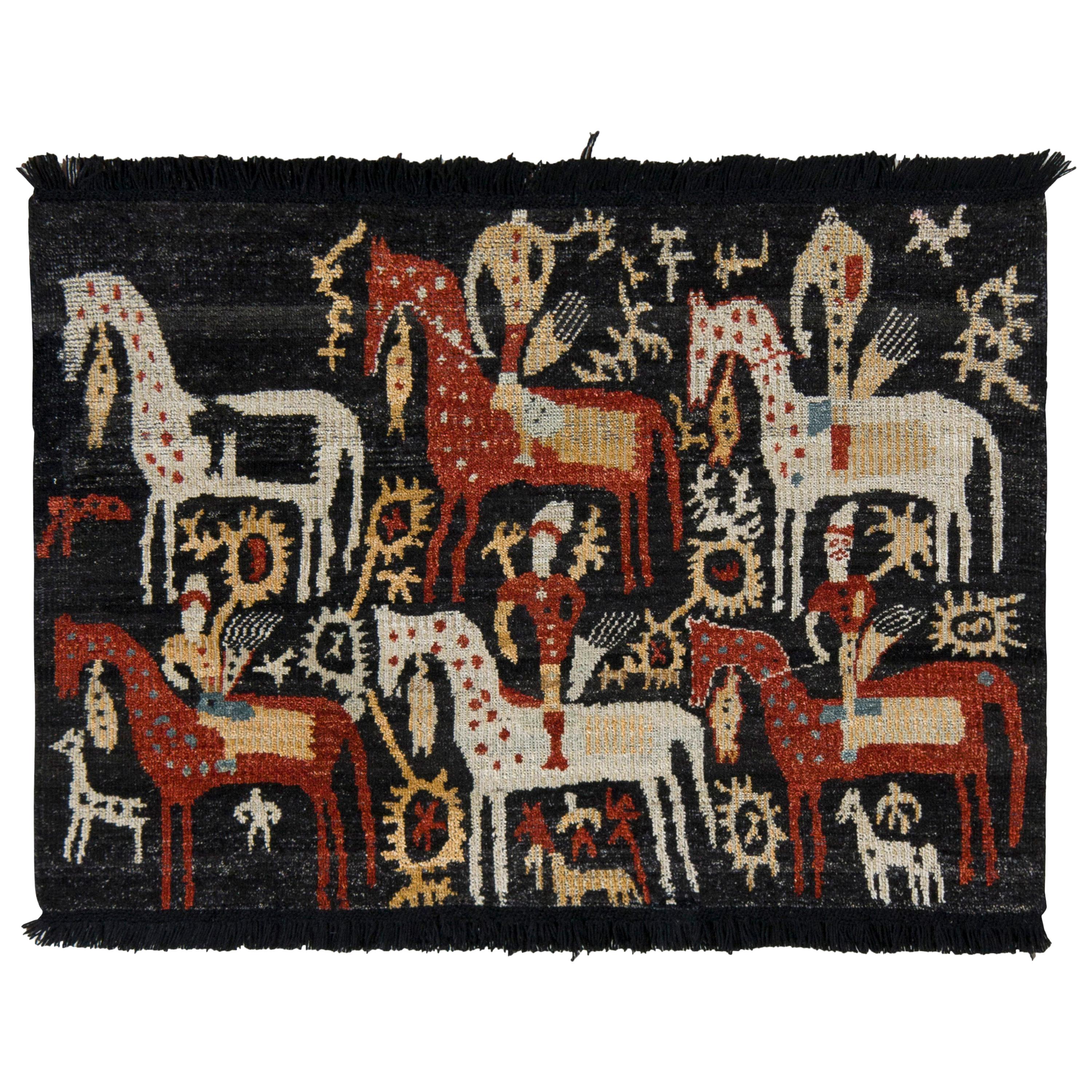 Tapis tribal noué à la main et tapis Kilim à motif géométrique noir et rouge en vente