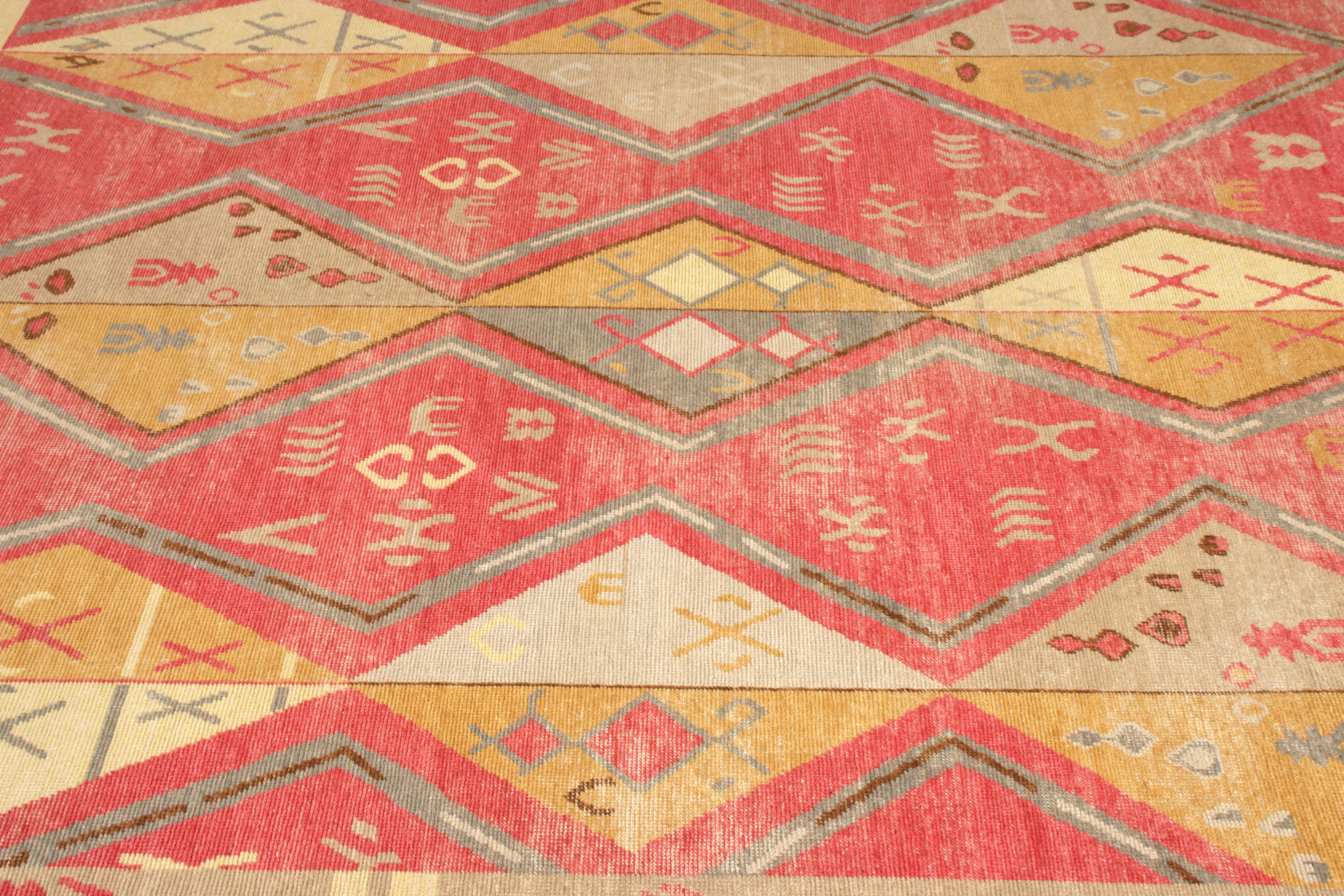 Indian Rug & Kilim's Hand-Knotted Tribal-Style Rug, Red and Gold Diamond Pattern For Sale