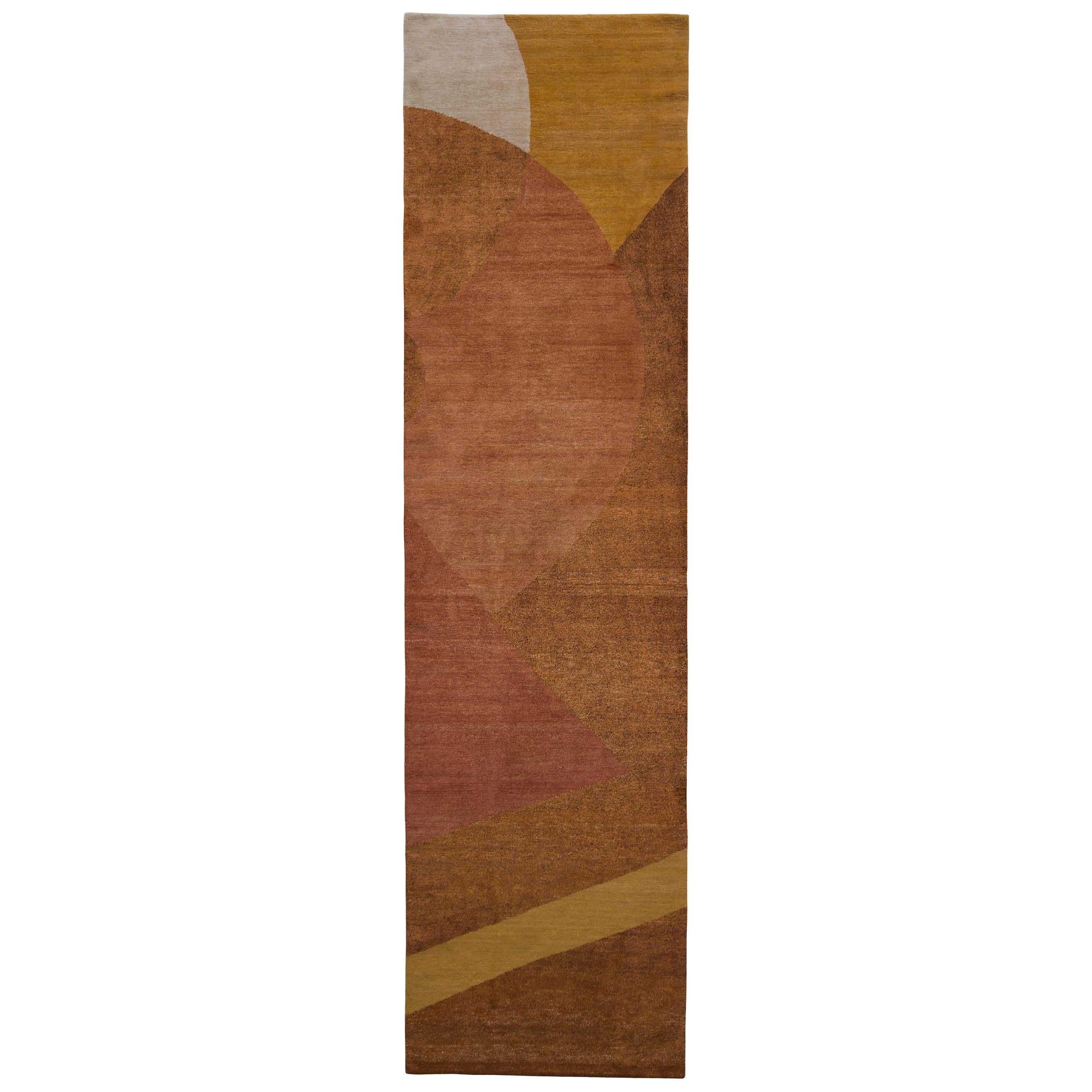 Handgeknüpfter Teppich & Kelim-Teppich aus Wolle und Seide, moderner Läufer in Braun, geometrisches Design im Angebot