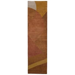 Handgeknüpfter Teppich & Kelim-Teppich aus Wolle und Seide, moderner Läufer in Braun, geometrisches Design