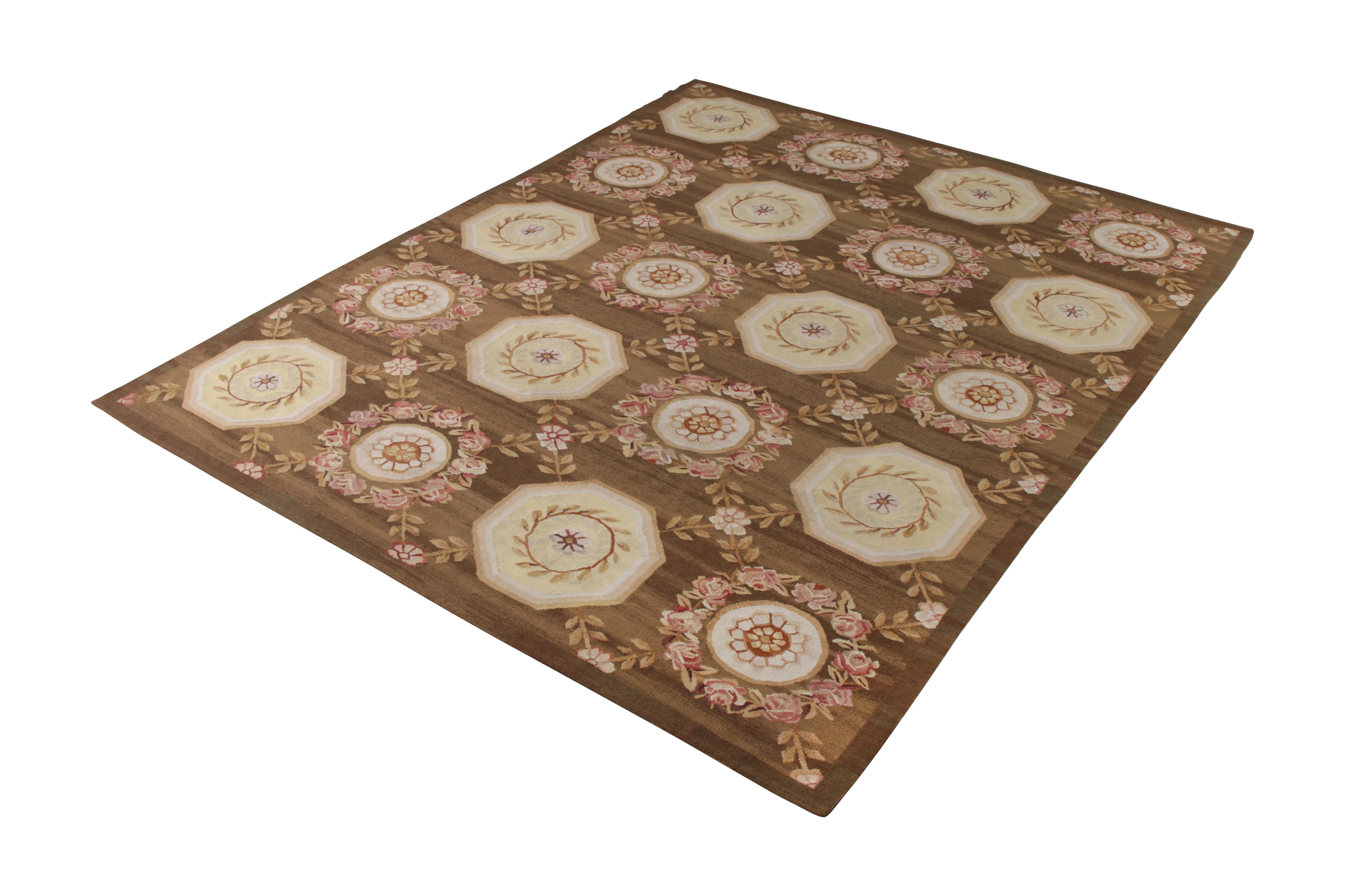 Nepalese Rug & Kilim’s Handmade Aubusson Style Flat-Weave Rug in Brown and Pink For Sale