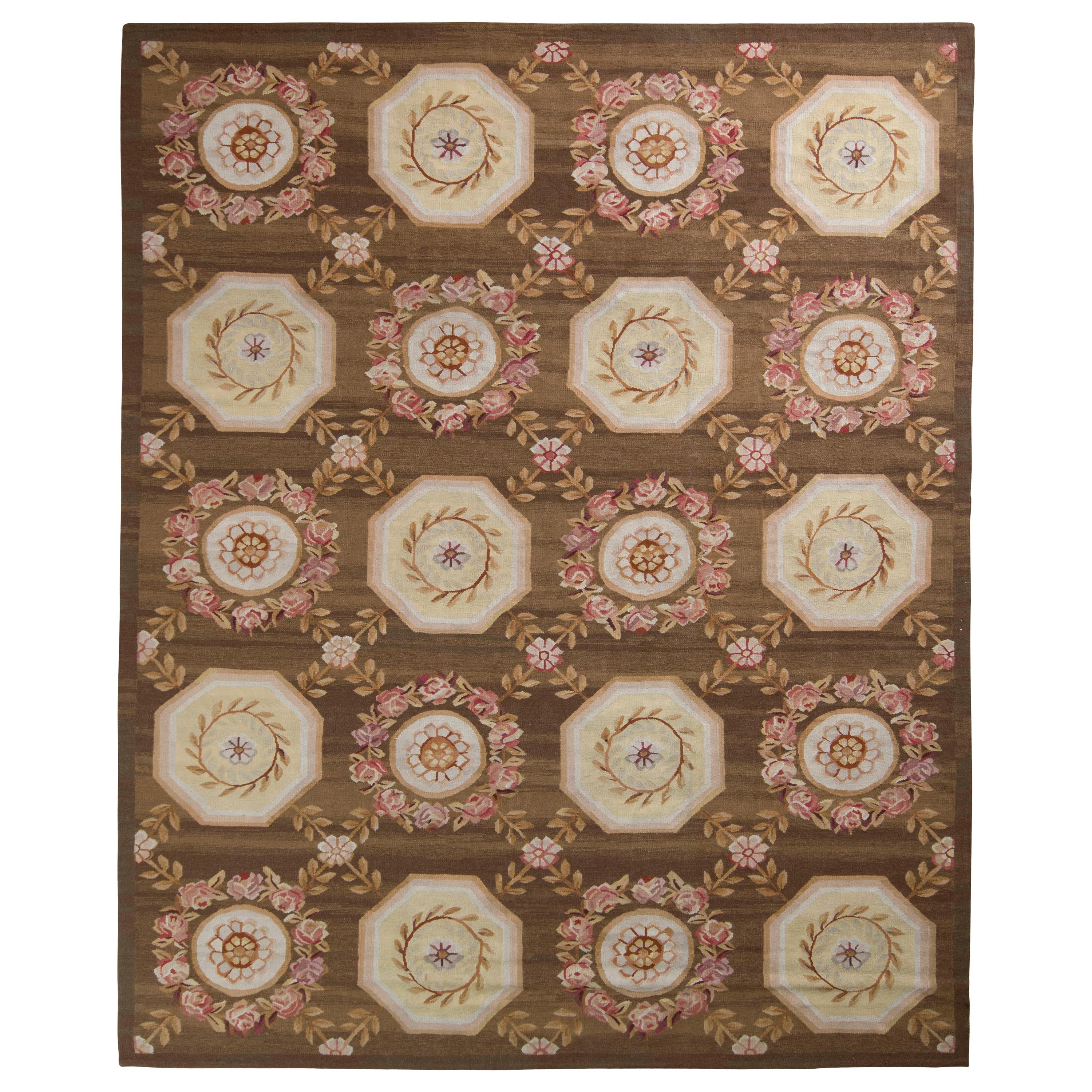 Rug & Kilim’s Handmade Aubusson Style Flat-Weave Rug in Brown and Pink For Sale