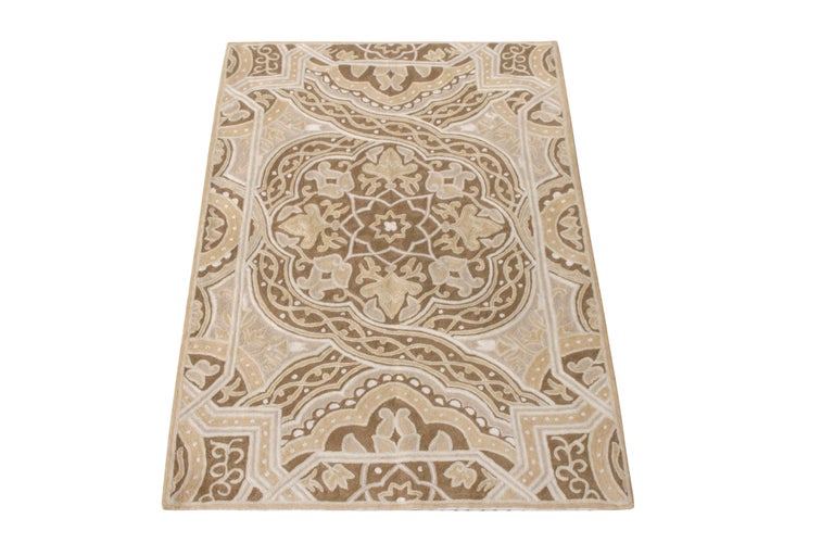 Rug & Kilim welcomes this beautiful small size selection to its exclusive collection of finely handmade rugs. This particular 3x4 accent rug draws finesse from the beauty of a meticulous chain stitch pattern flourishing in a delicate beige-brown and
