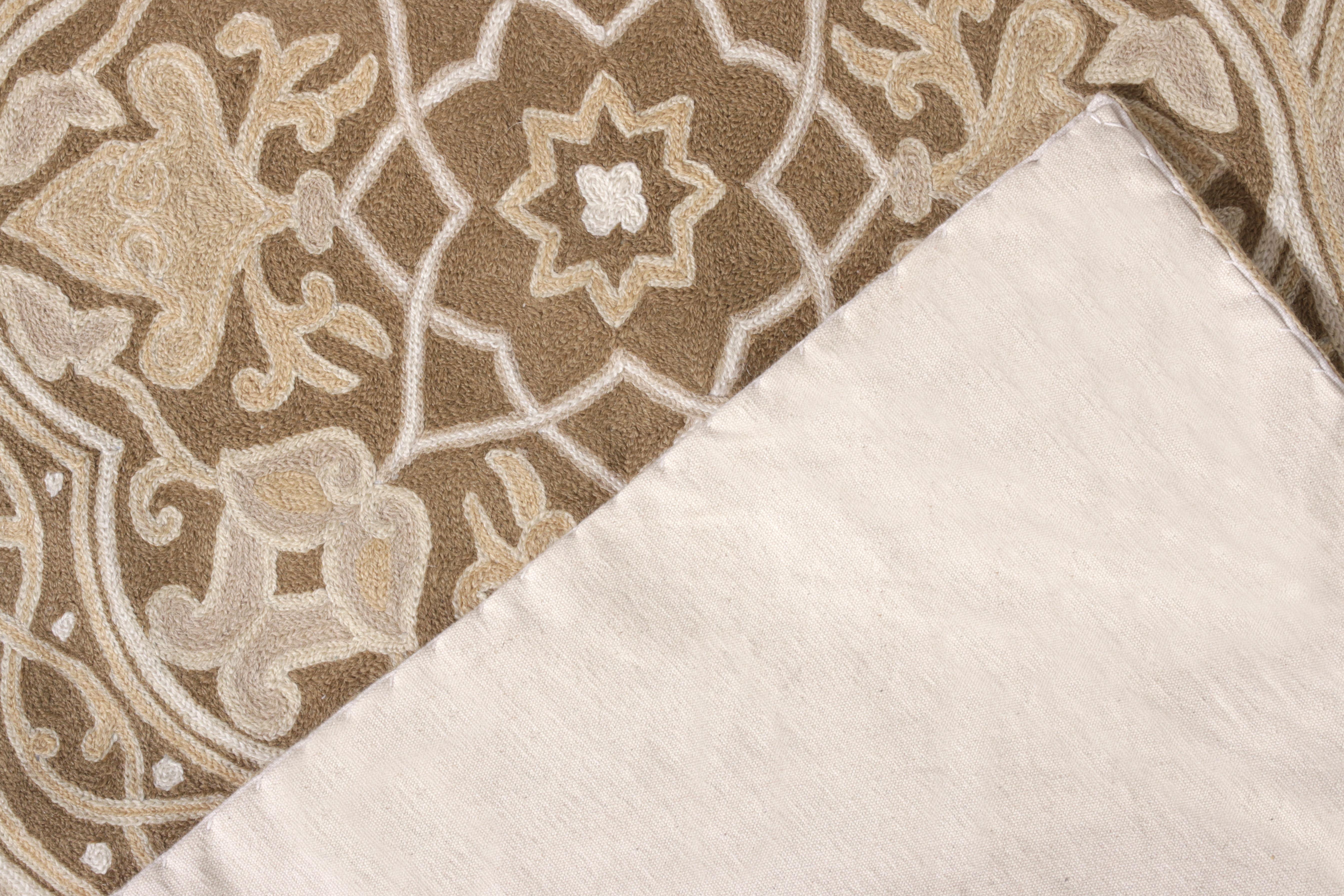 Contemporary Rug & Kilim’s Handmade Chain Stitch Rug, Beige, Brown Geometric Pattern For Sale