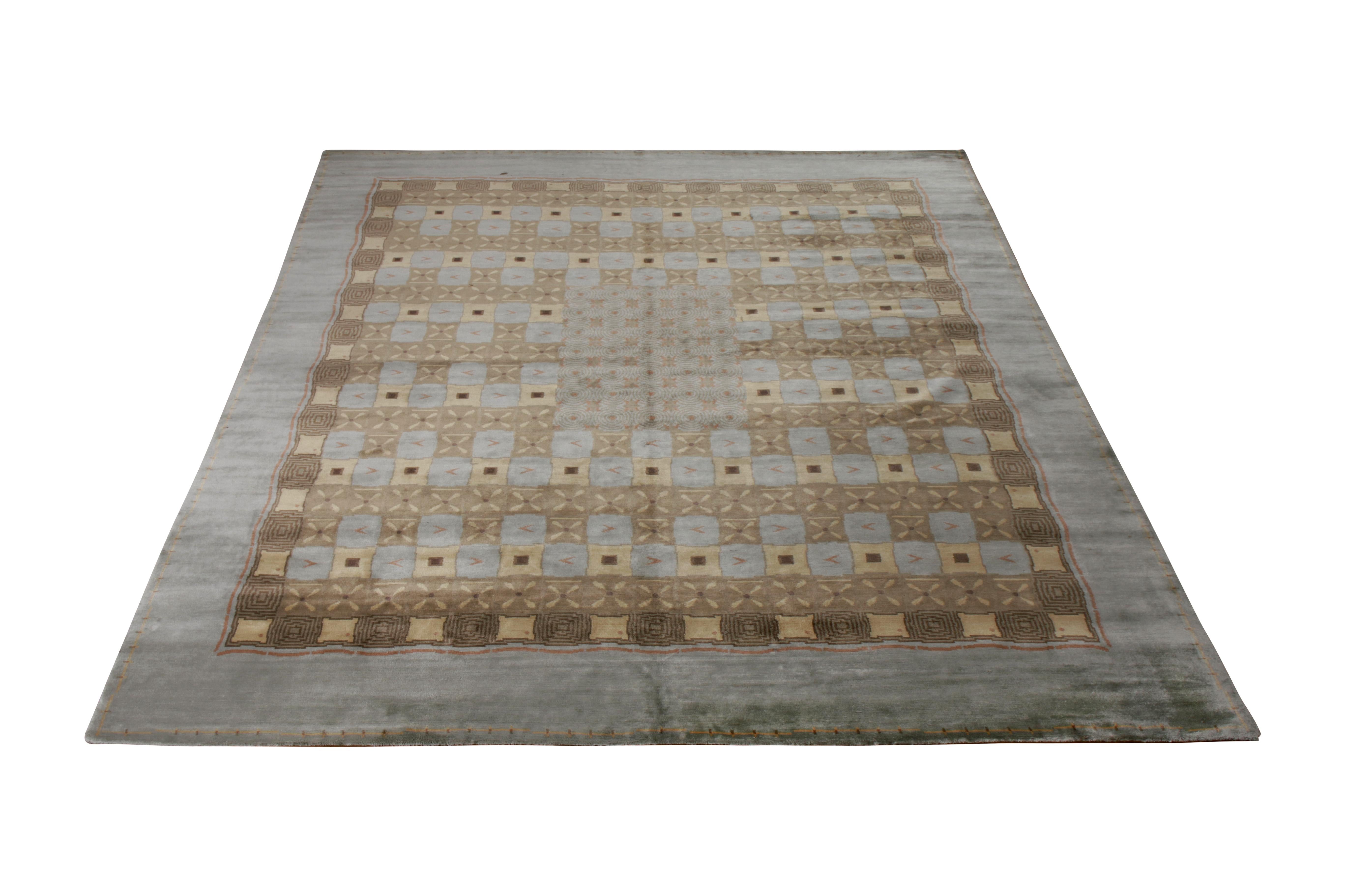 Art Deco Rug & Kilim's Handmade European Style Deco Rug in Blue and Beige Brown For Sale