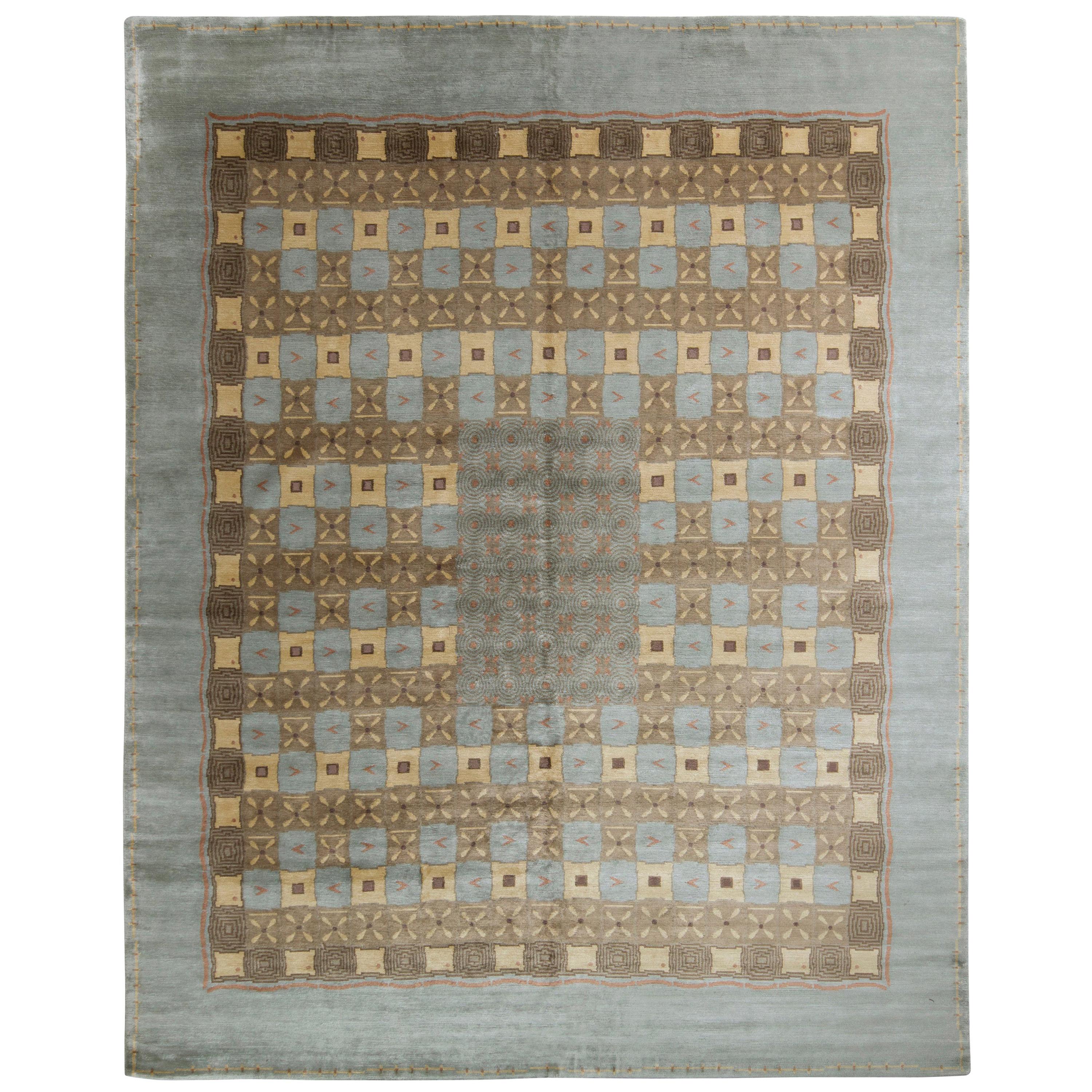 Rug & Kilim's Handmade European Style Deco Rug in Blue and Beige Brown For Sale