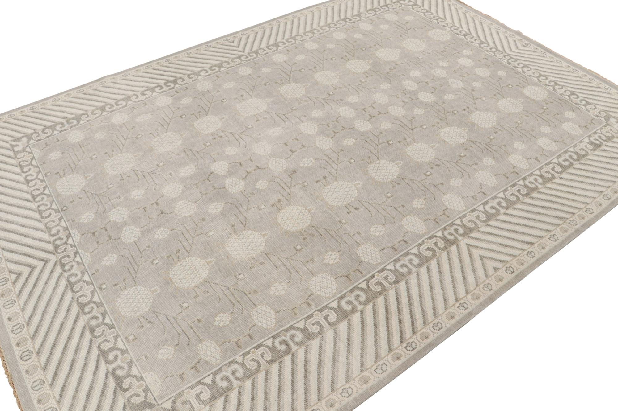 Hand-Knotted Rug & Kilim's Handmade Khotan Style Rug in Beige Gray Pomegranate Pattern For Sale