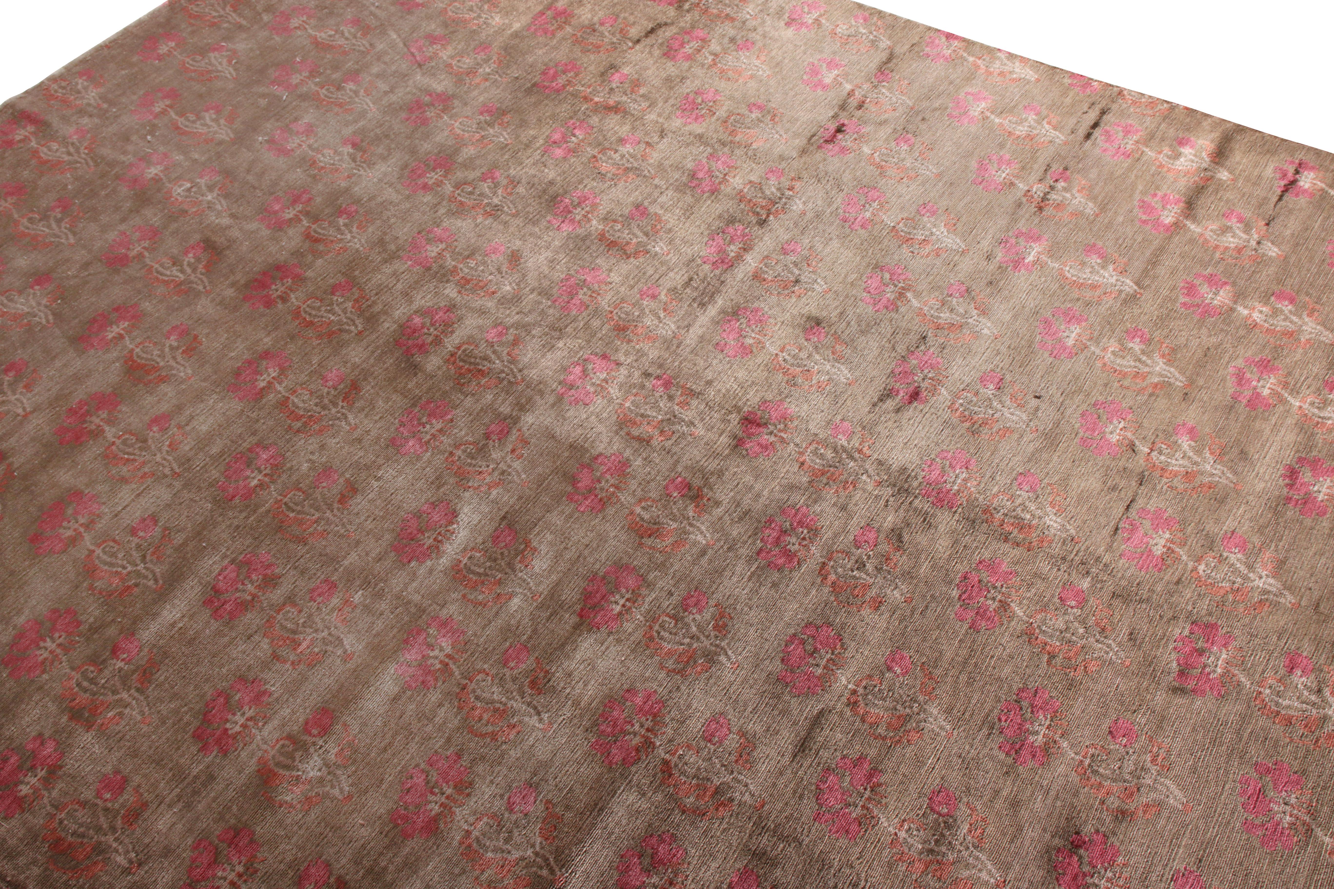 Modern Rug & Kilim’s Handmade Transitional Rug in Brown and Pink Floral Pattern