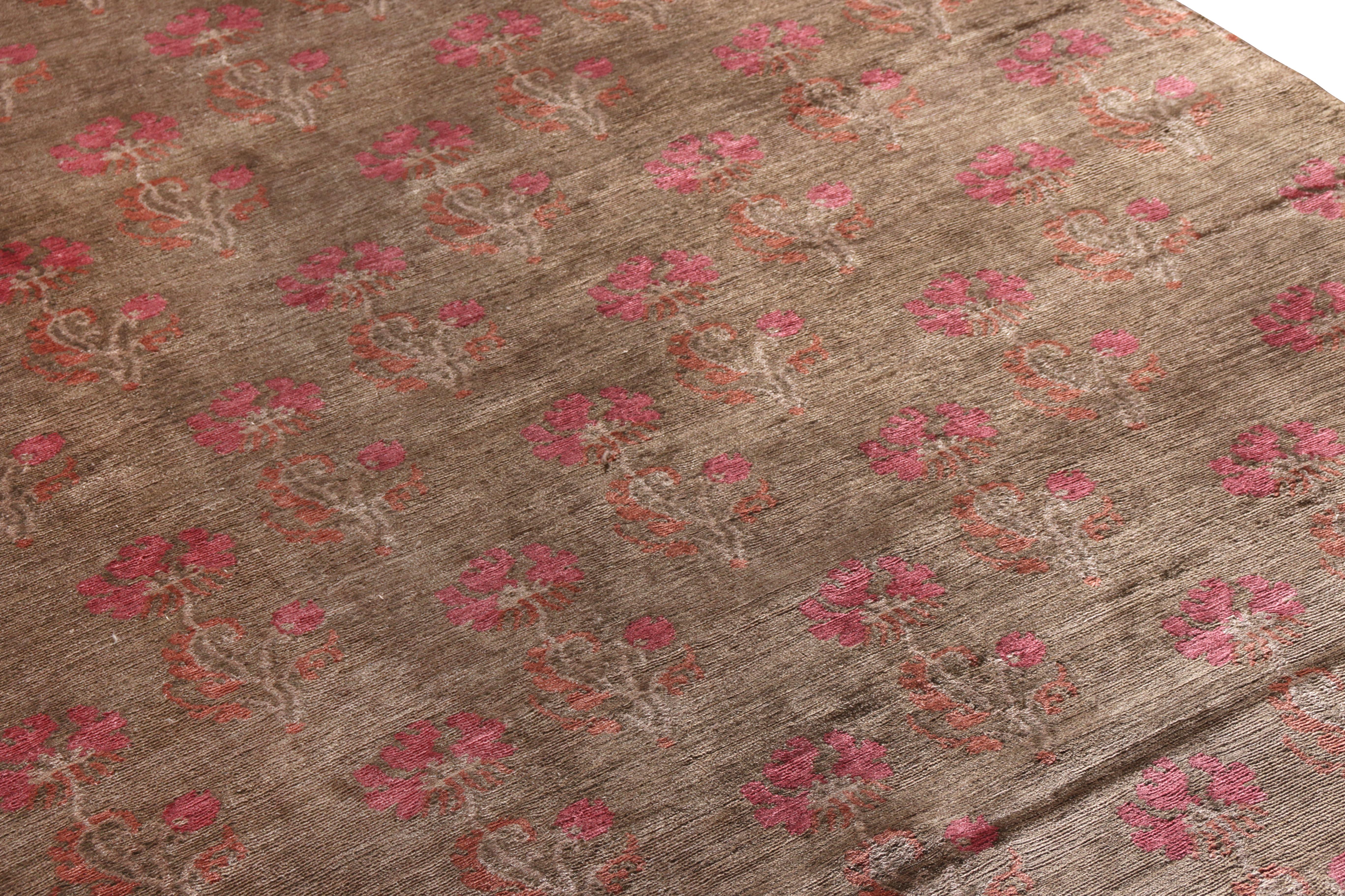Nepalese Rug & Kilim’s Handmade Transitional Rug in Brown and Pink Floral Pattern For Sale