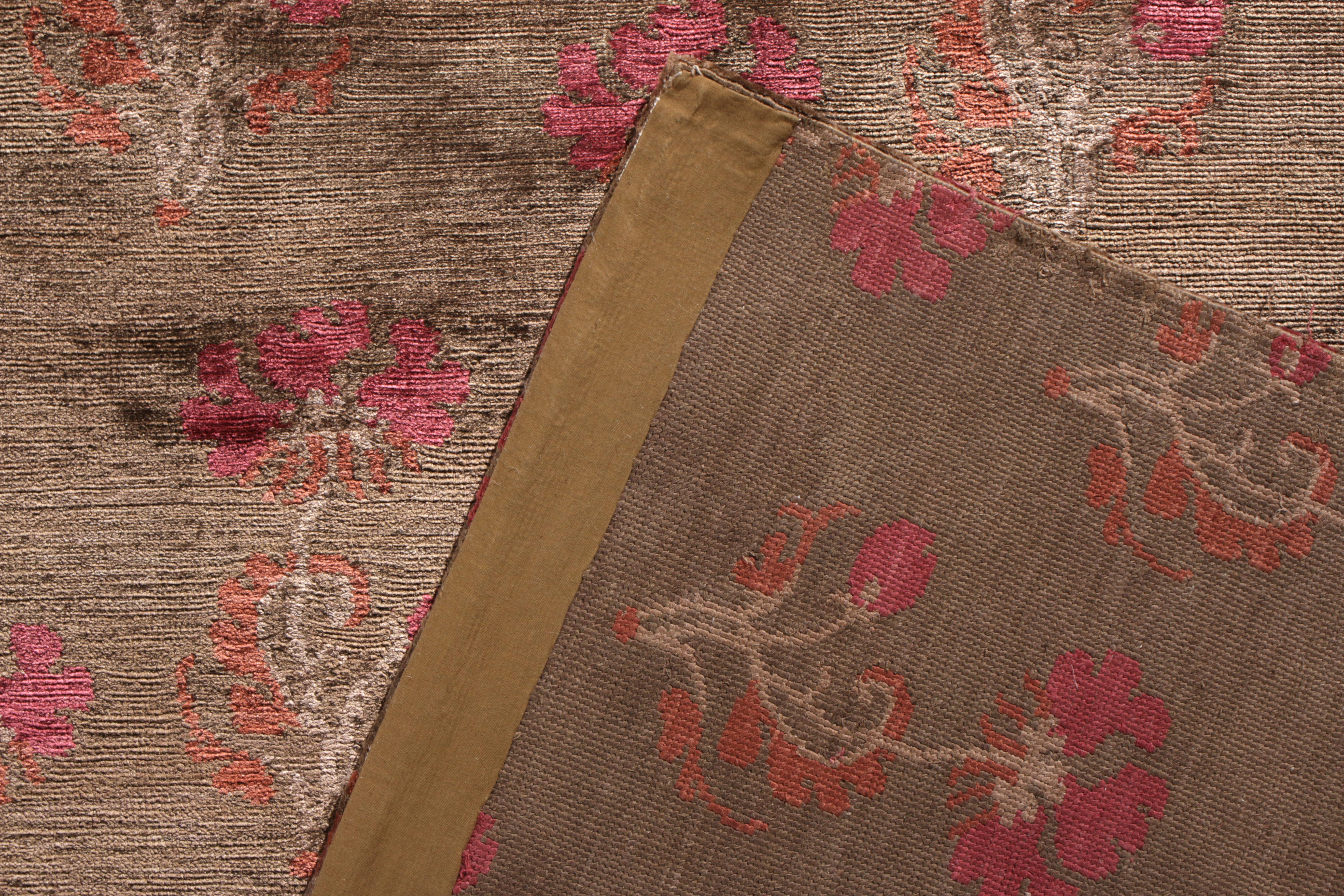 Hand-Knotted Rug & Kilim’s Handmade Transitional Rug in Brown and Pink Floral Pattern