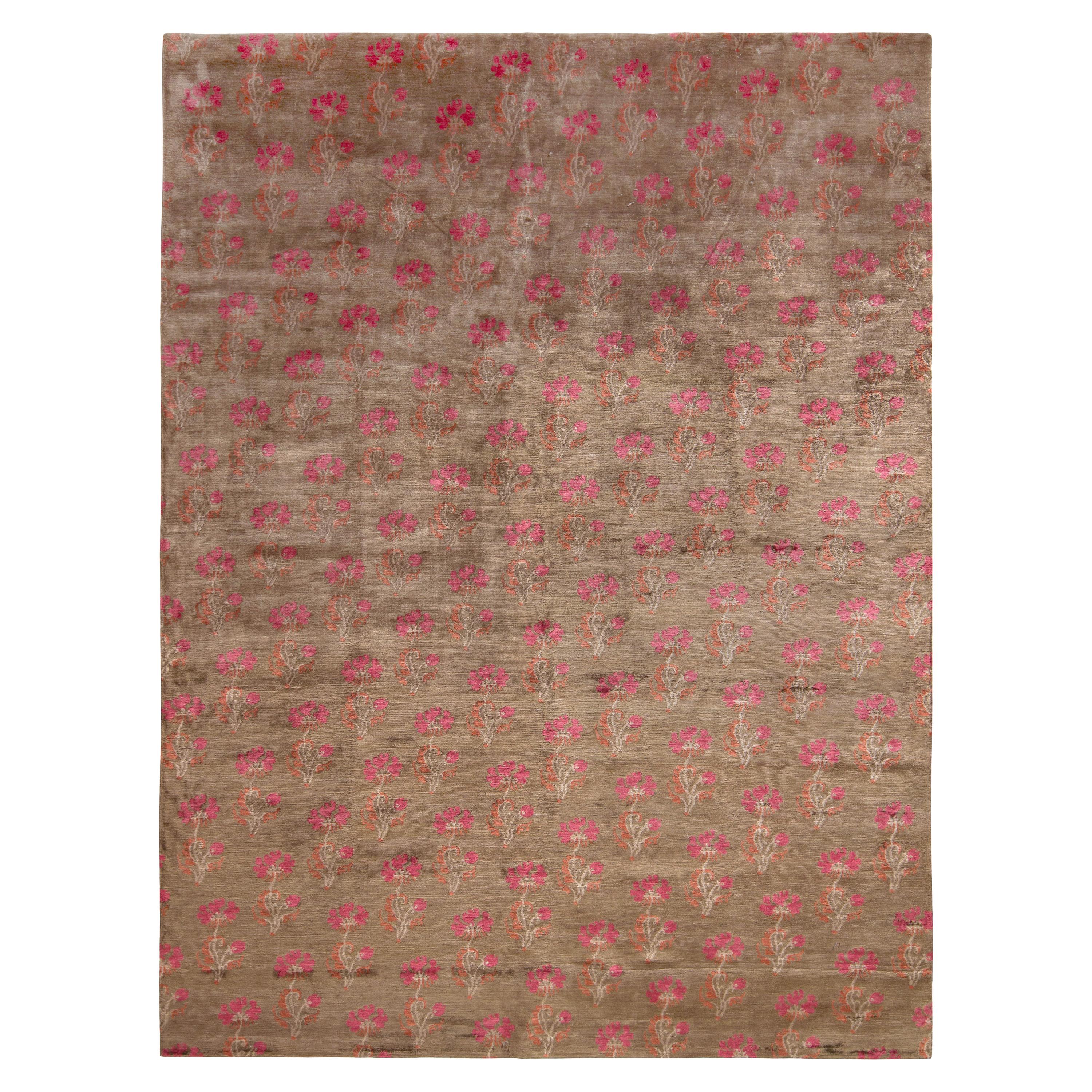Rug & Kilim’s Handmade Transitional Rug in Brown and Pink Floral Pattern