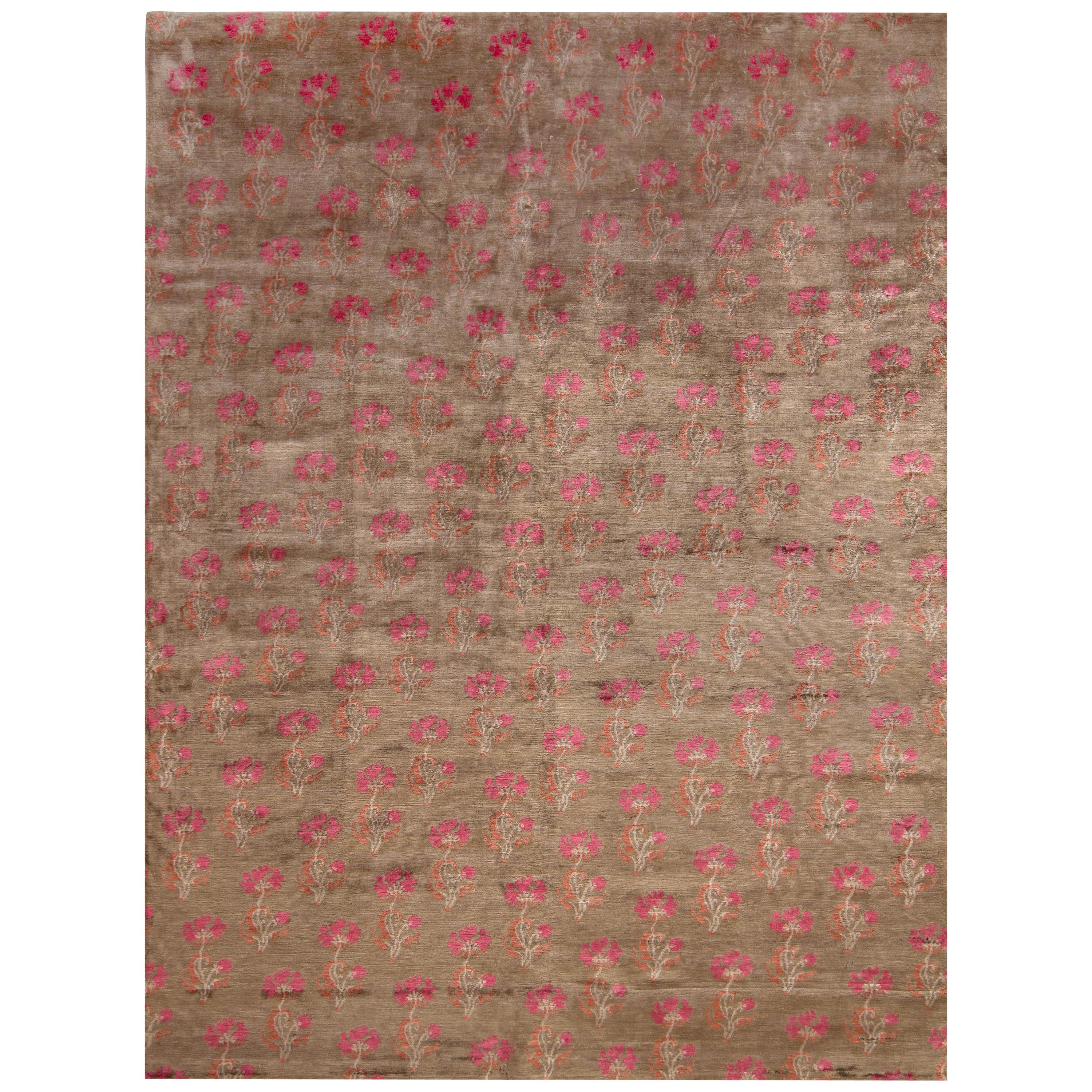 Rug & Kilim’s Handmade Transitional Rug in Brown and Pink Floral Pattern For Sale