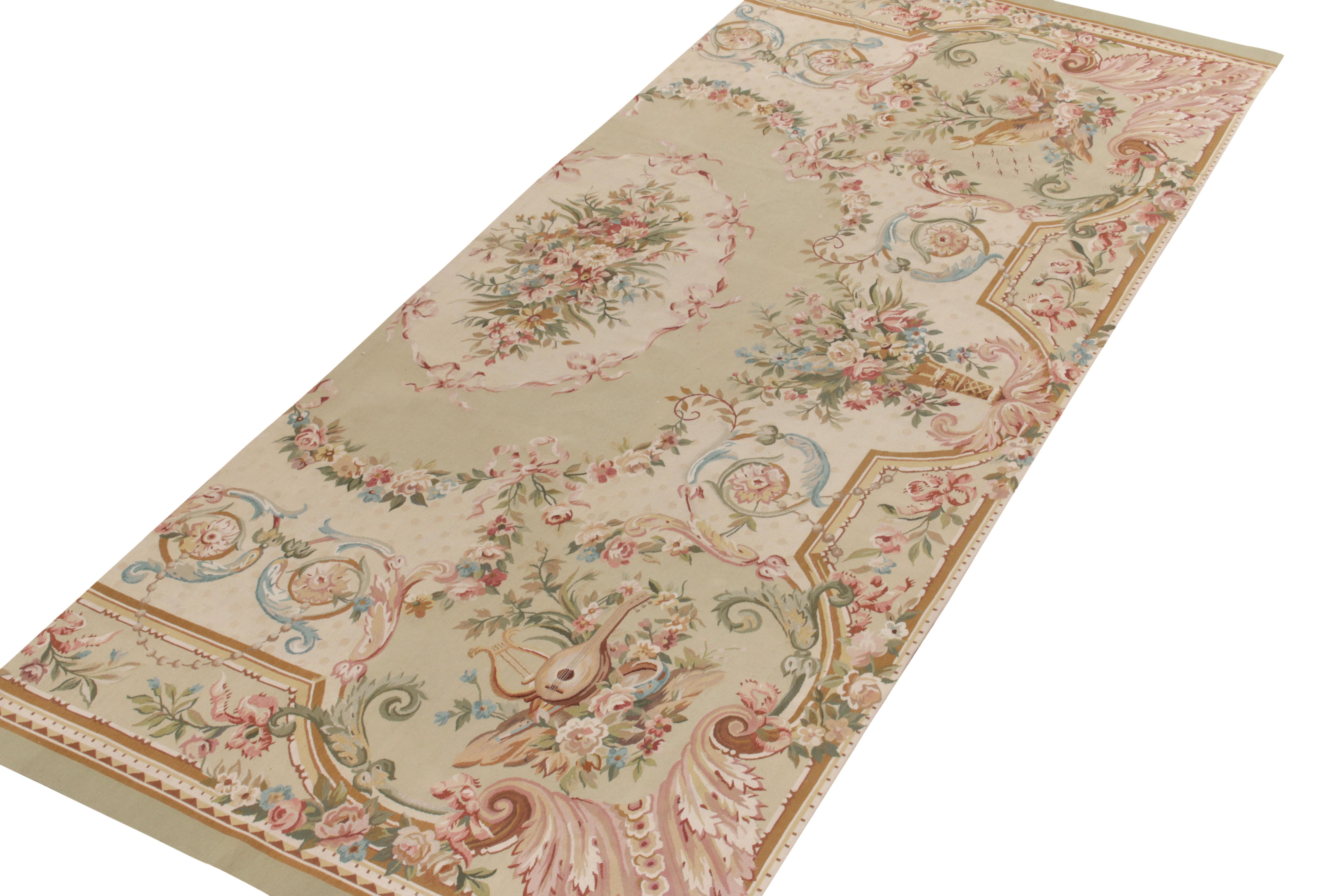 European Rug & Kilim's Handwoven Aubusson Flat Weave Style Green, Pink, Beige Floral Rug For Sale
