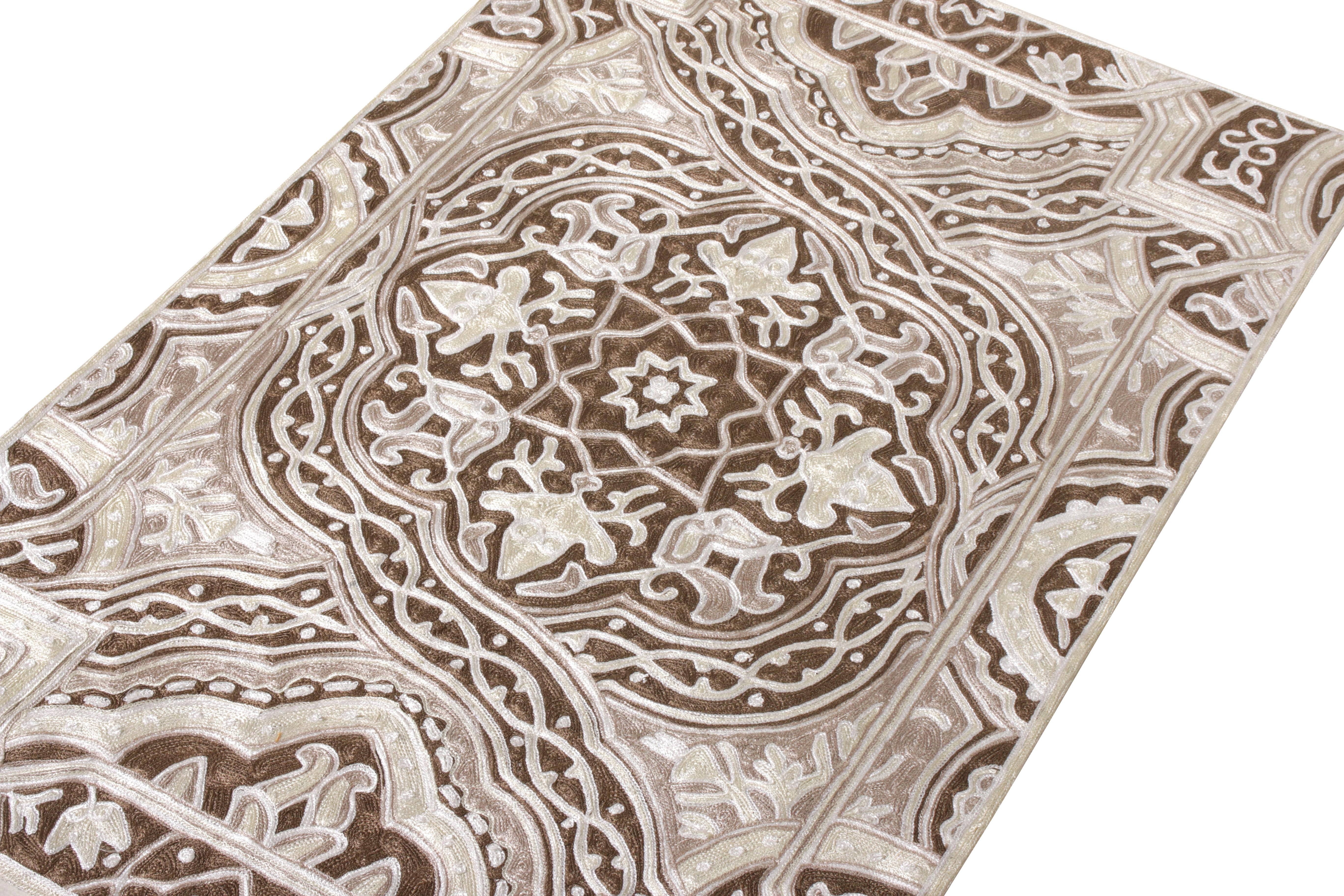 Modern Rug & Kilim’s Handwoven Chain Stitch Pattern in Brown and White For Sale
